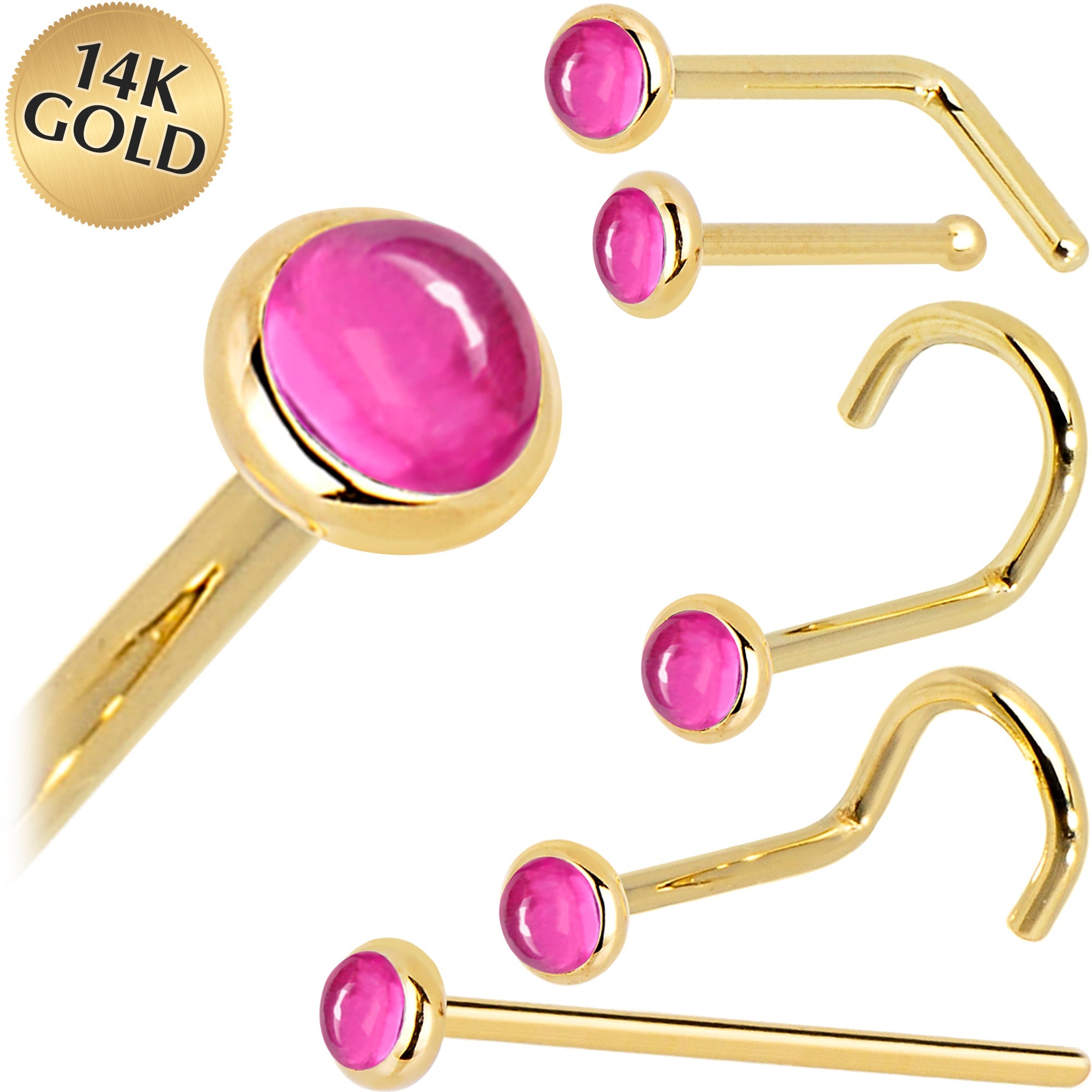 Solid 14K Yellow Gold 2mm Pink Tourmaline Nose Ring