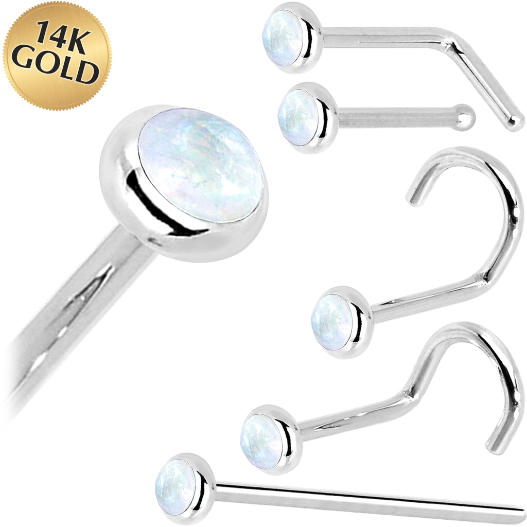 Solid 14K White Gold 2mm Rainbow Moonstone Nose Ring