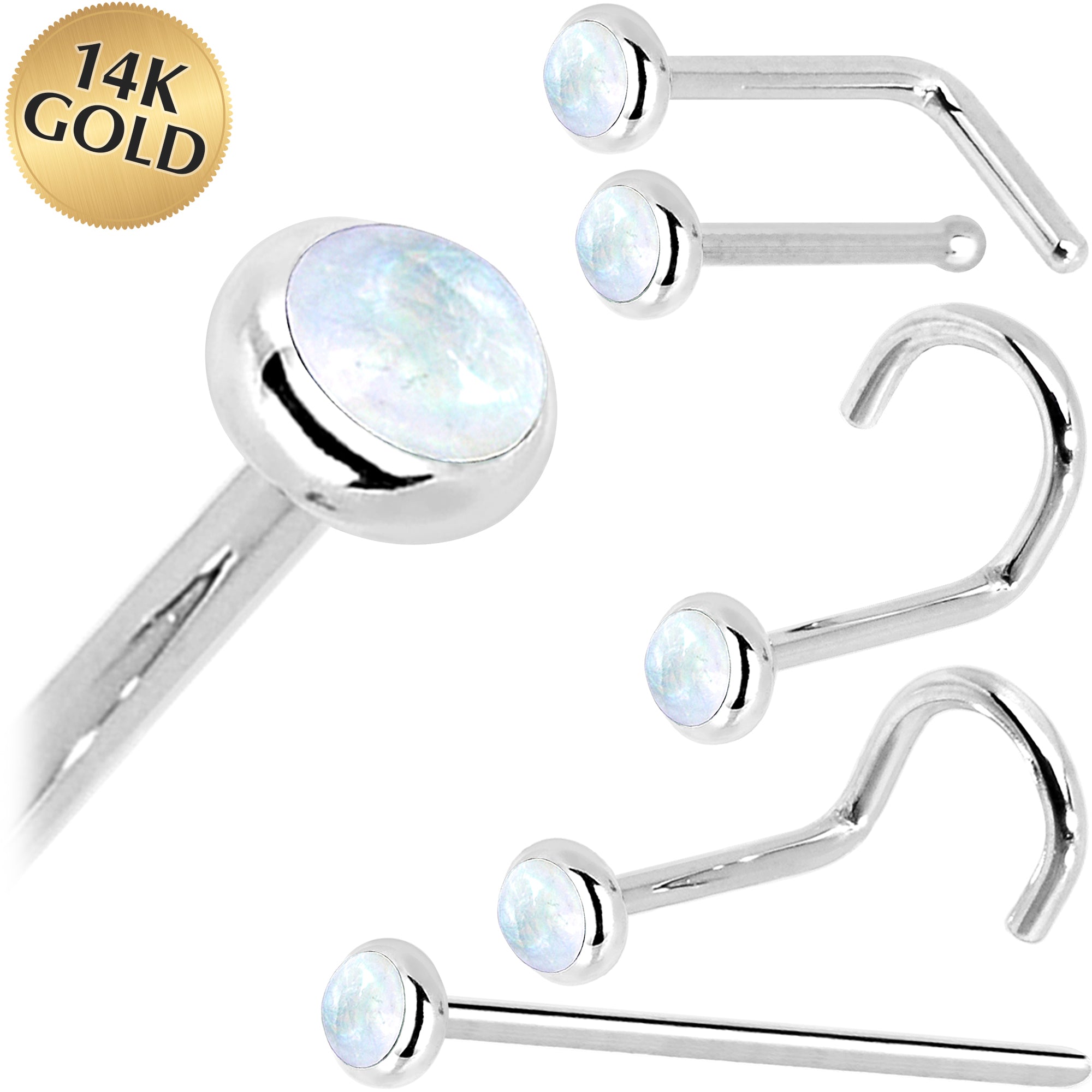Solid 14K White Gold 2mm Rainbow Moonstone Nose Ring