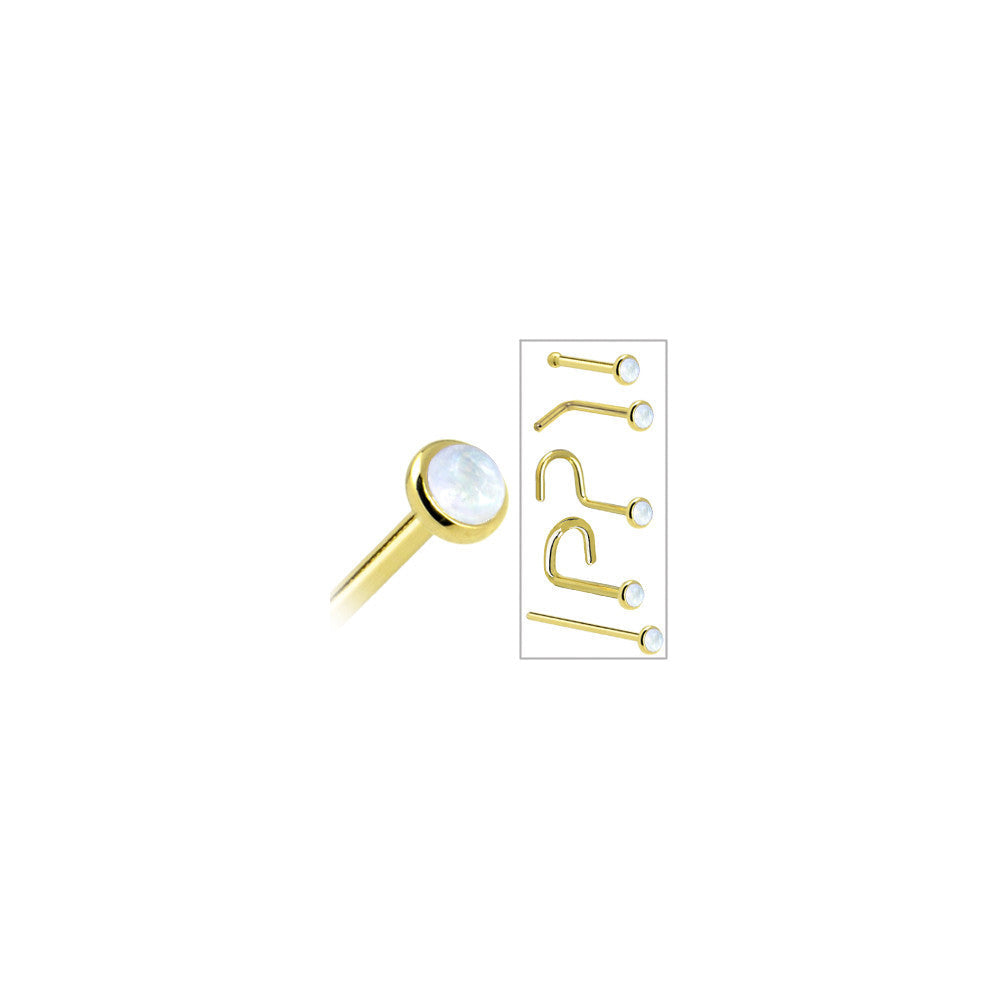 Solid 14K Yellow Gold 2mm Rainbow Moonstone Nose Ring