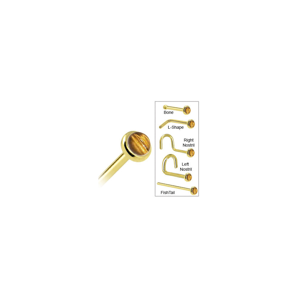 Solid 14K Yellow Gold 2mm Tiger Eye Nose Ring