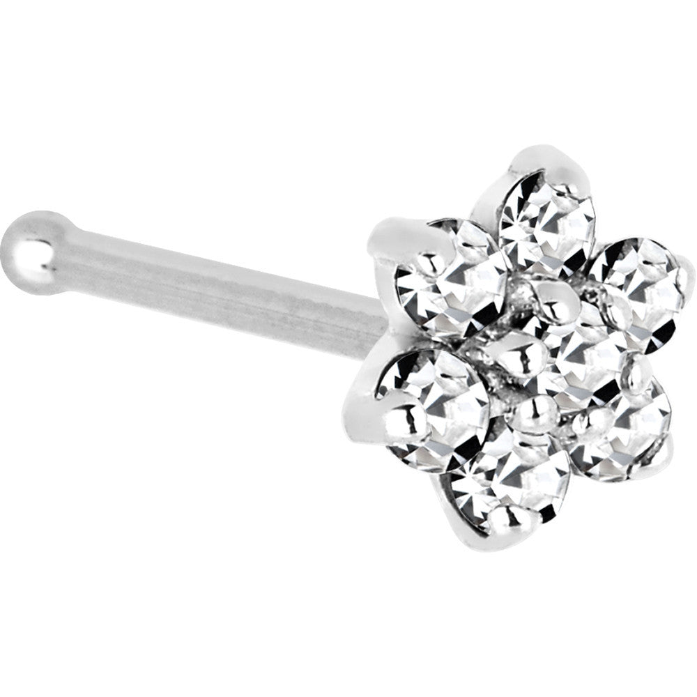 Solid 14K White Gold Clear Cubic Zirconia Flower Nose Ring