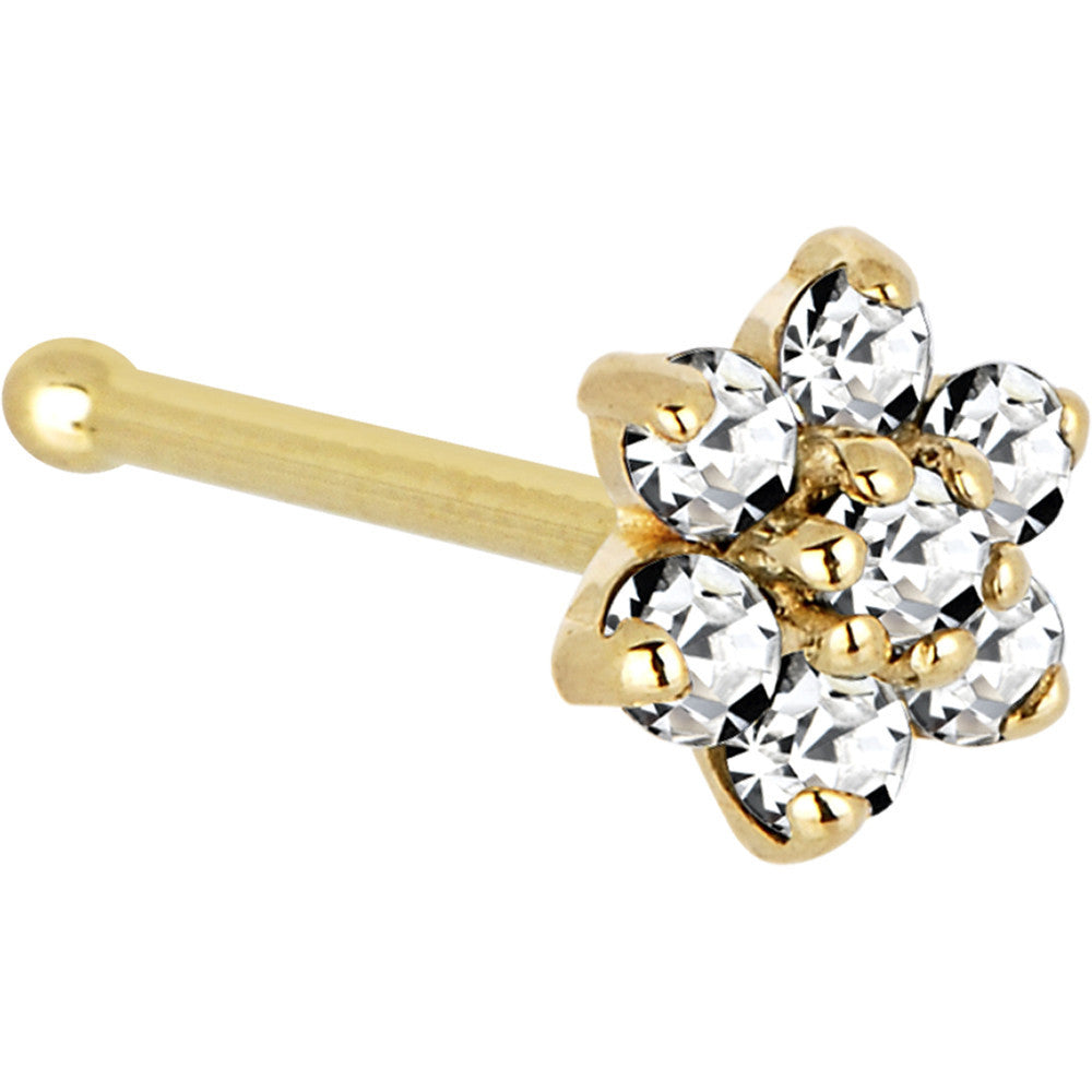 Solid 14K Yellow Gold Clear Cubic Zirconia Flower Nose Ring
