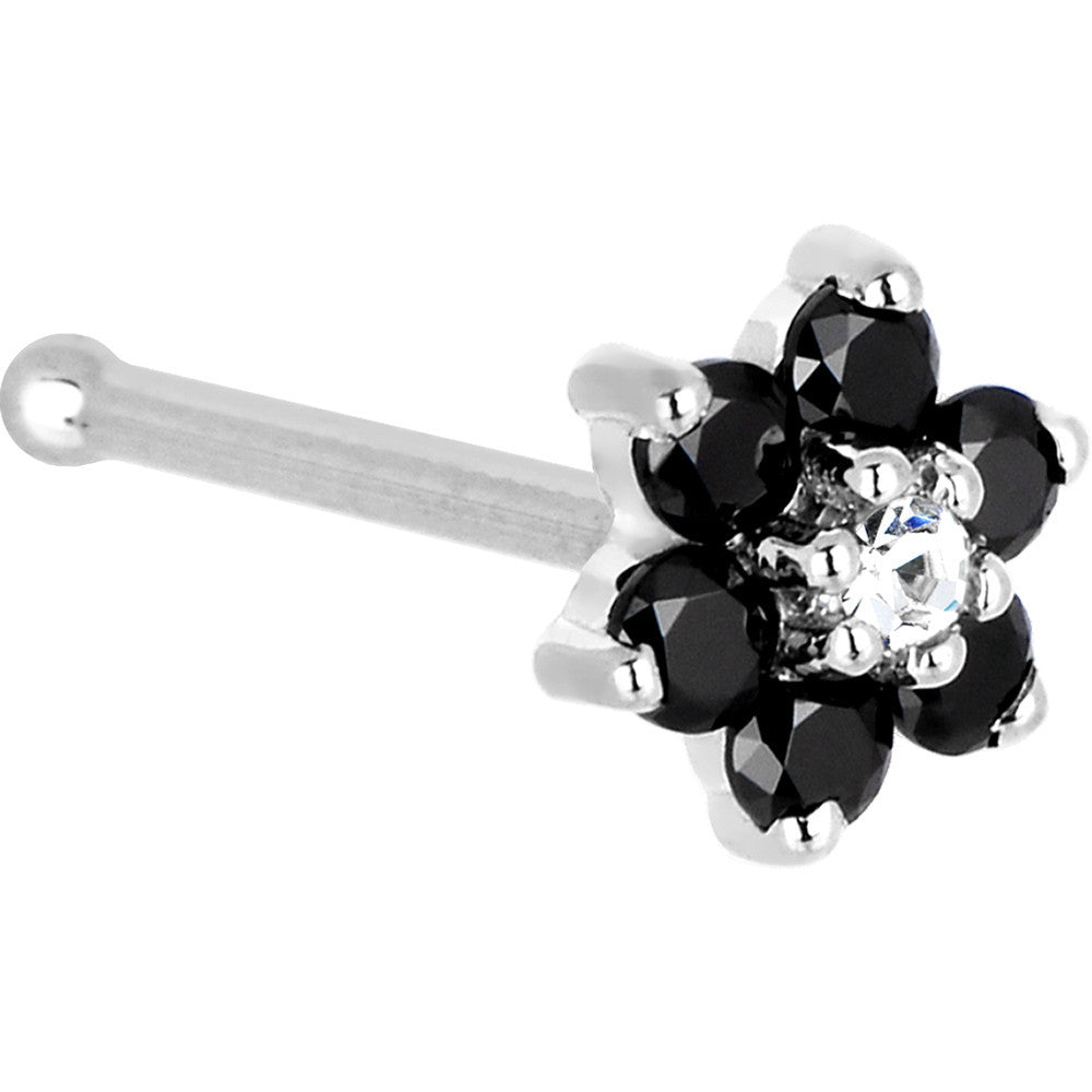 Solid 14K White Gold Black and Clear Cubic Zirconia Flower Nose Ring