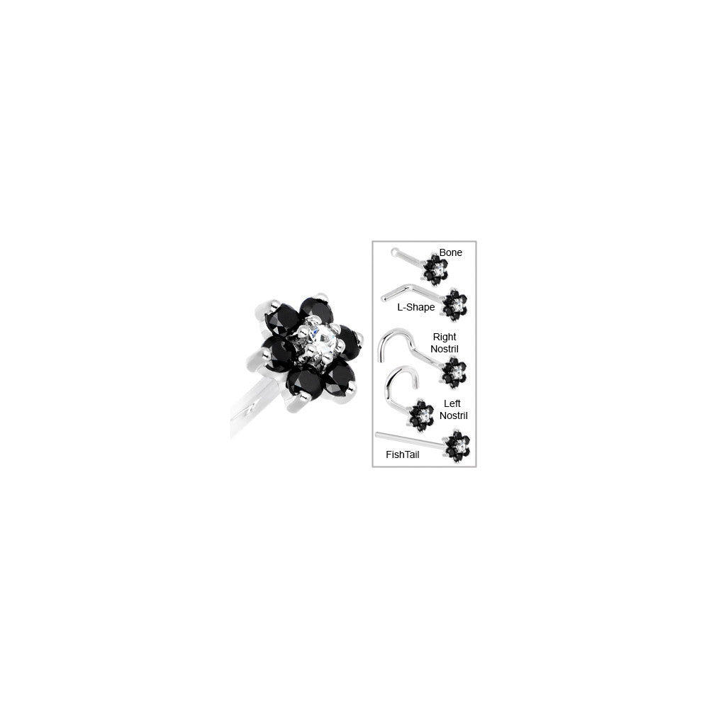 Solid 14K White Gold Black and Clear Cubic Zirconia Flower Nose Ring