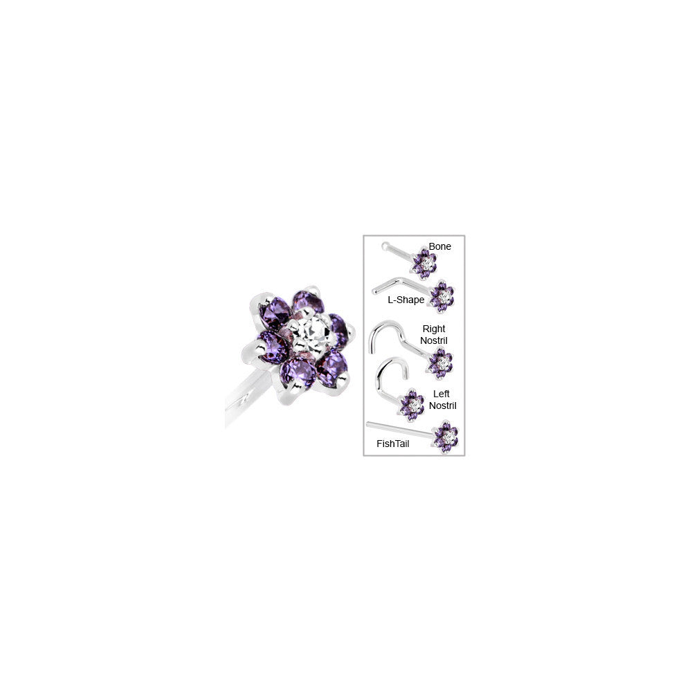 Solid 14K White Gold Amethyst and Clear Cubic Zirconia Flower Nose Ring