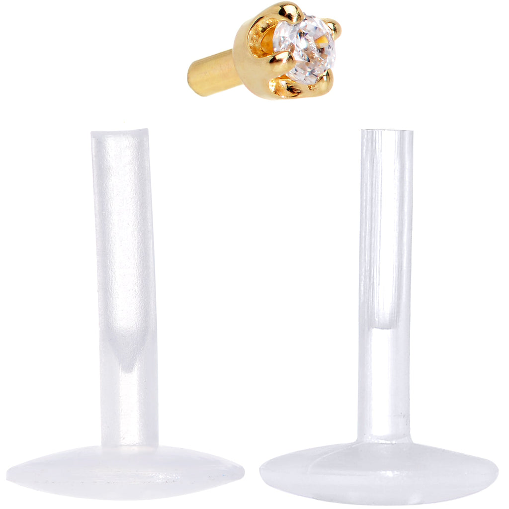 16G 1/4 Solid 14K Yellow Gold 1.5mm CZ Bioplast Push in Cartilage Earring