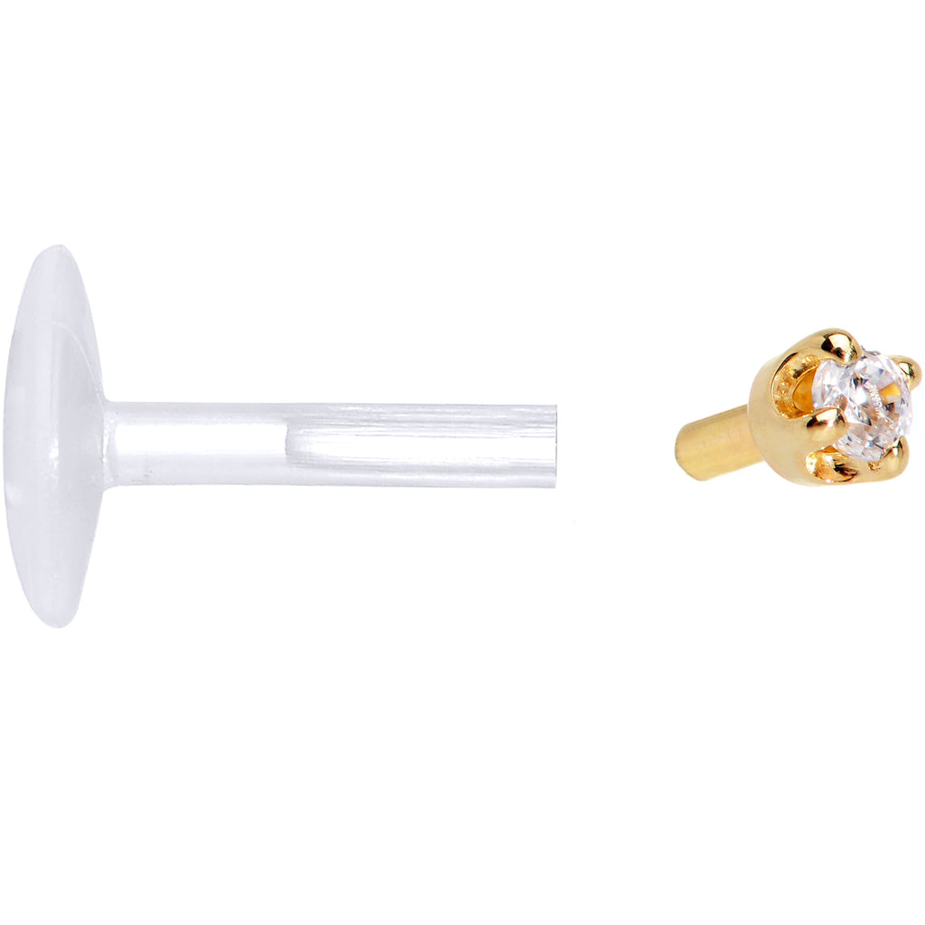 16G 1/4 Solid 14K Yellow Gold 1.5mm CZ Bioplast Push in Cartilage Earring