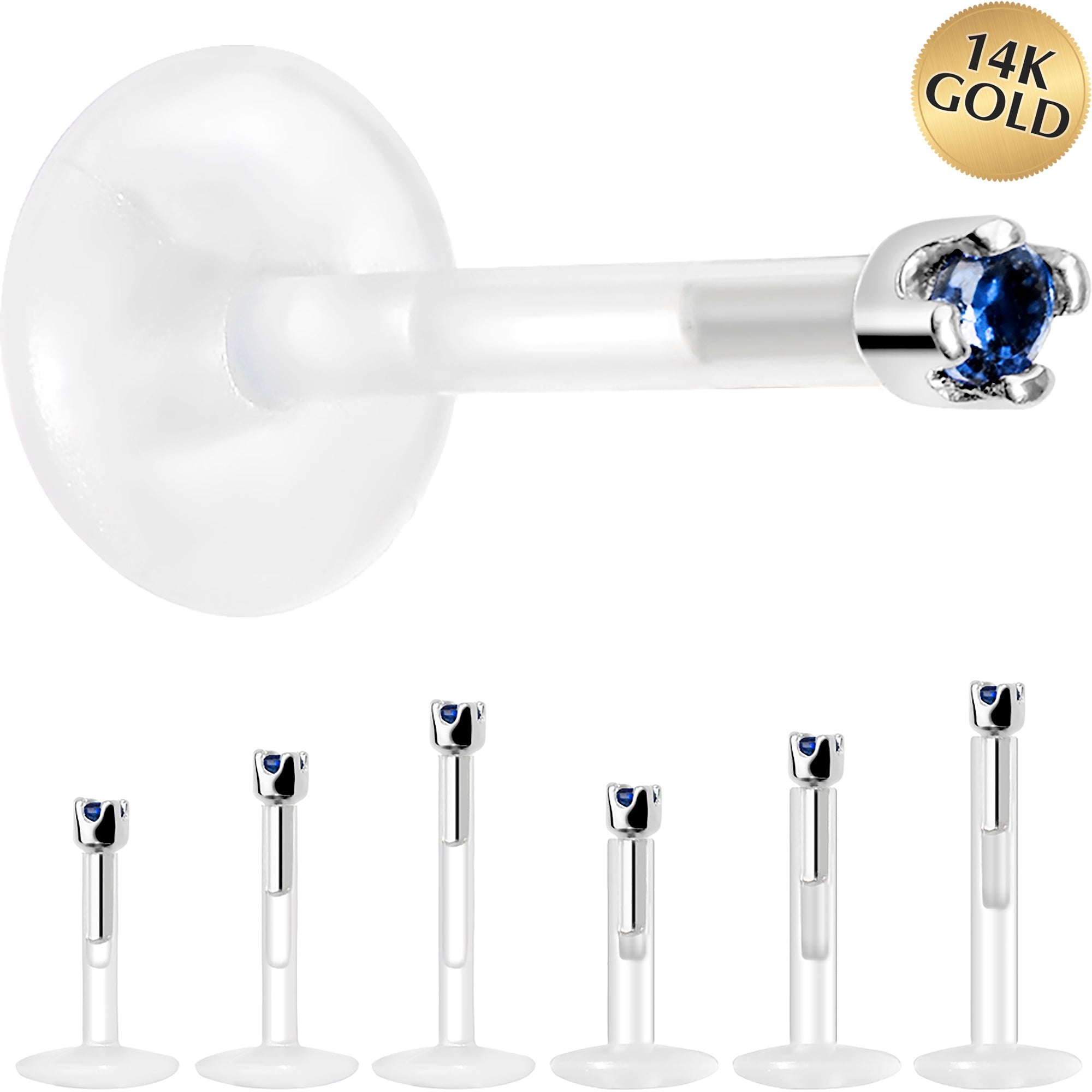Solid 14K White Gold September 1.5mm CZ Bioplast Push in Labret Monroe