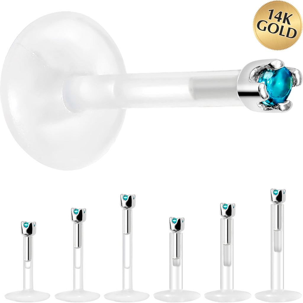 Solid 14K White Gold December 1.5mm CZ Bioplast Push in Labret Monroe