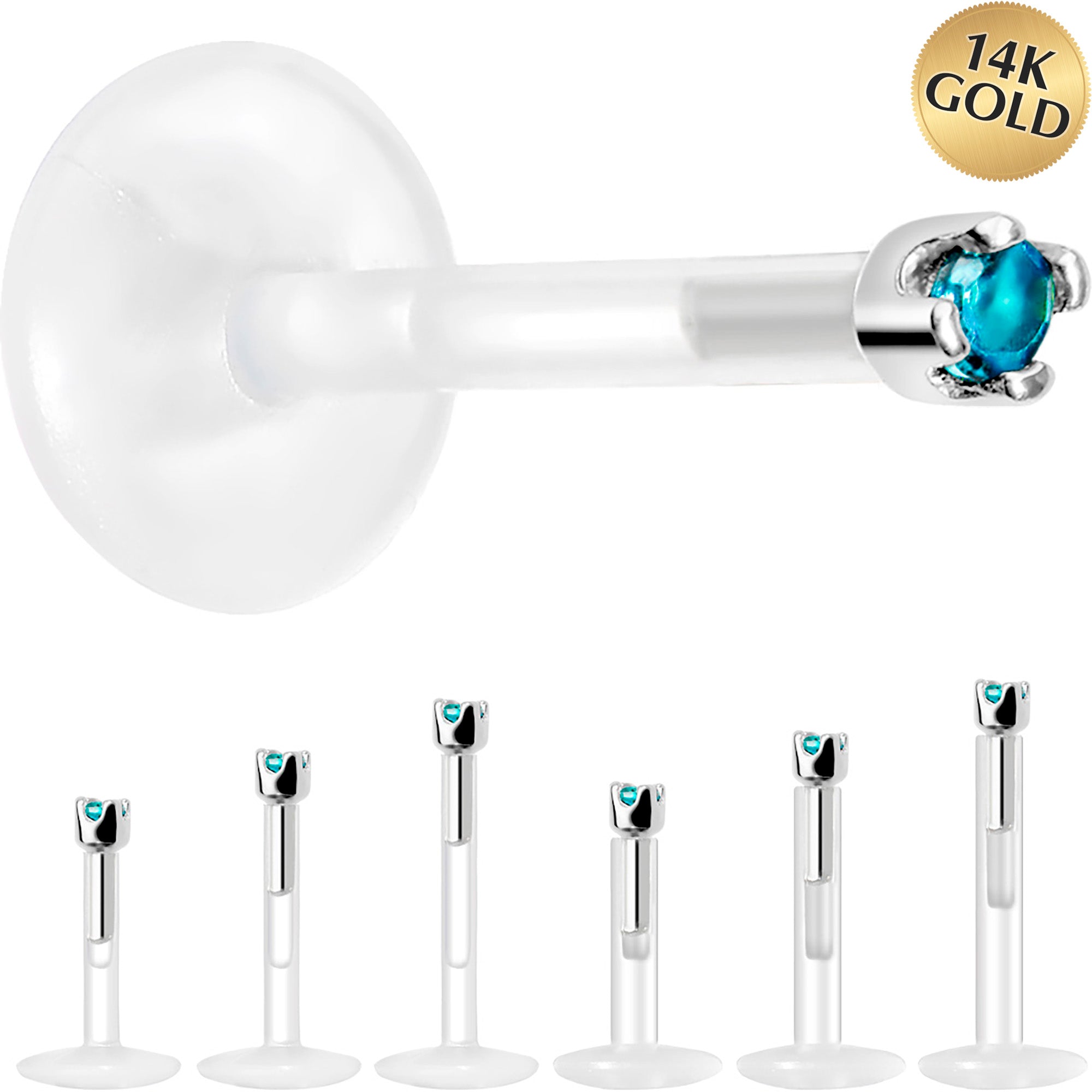 Solid 14K White Gold December 1.5mm CZ Bioplast Push in Labret Monroe