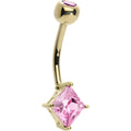 16G 14K Yellow Gold Pink Princess 6mm Cubic Zirconia Belly Ring