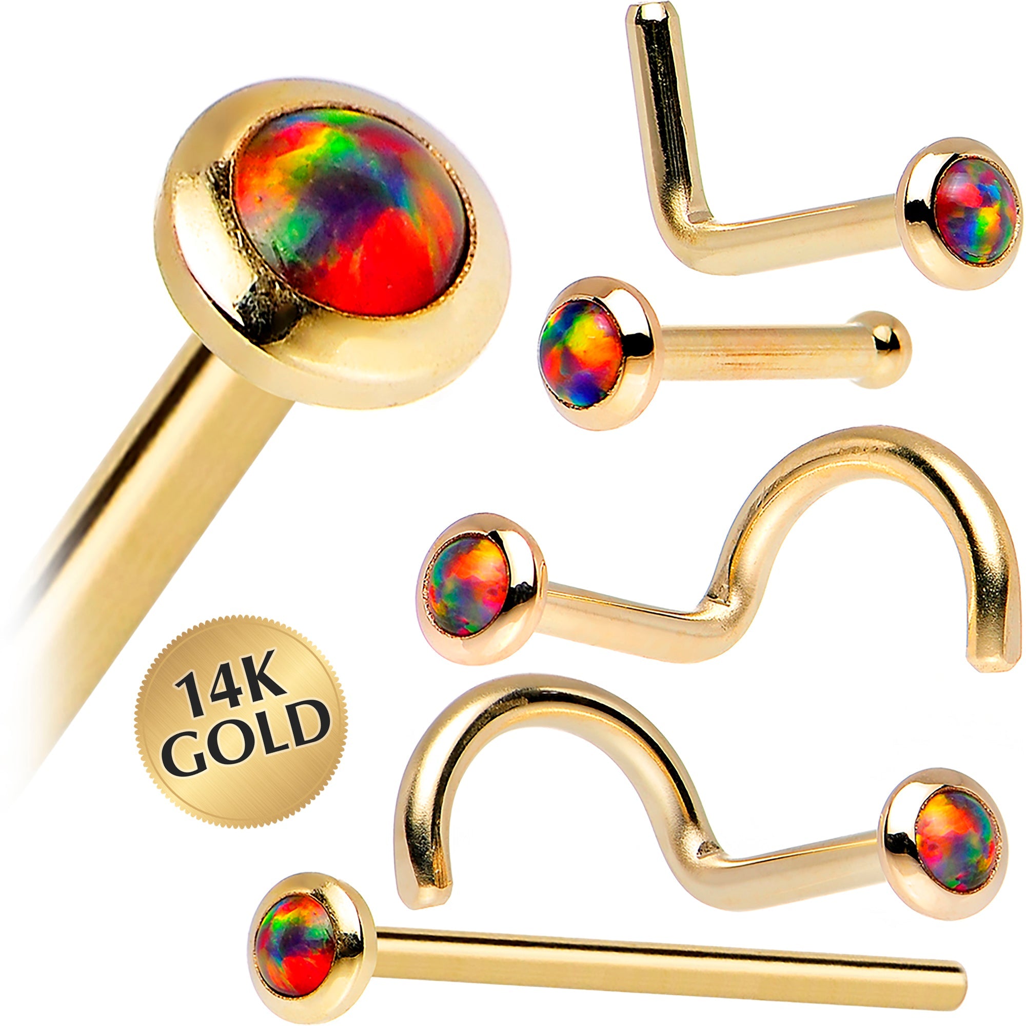 14k Yellow Gold 2mm Fire Red Synthetic Opal Nose Ring