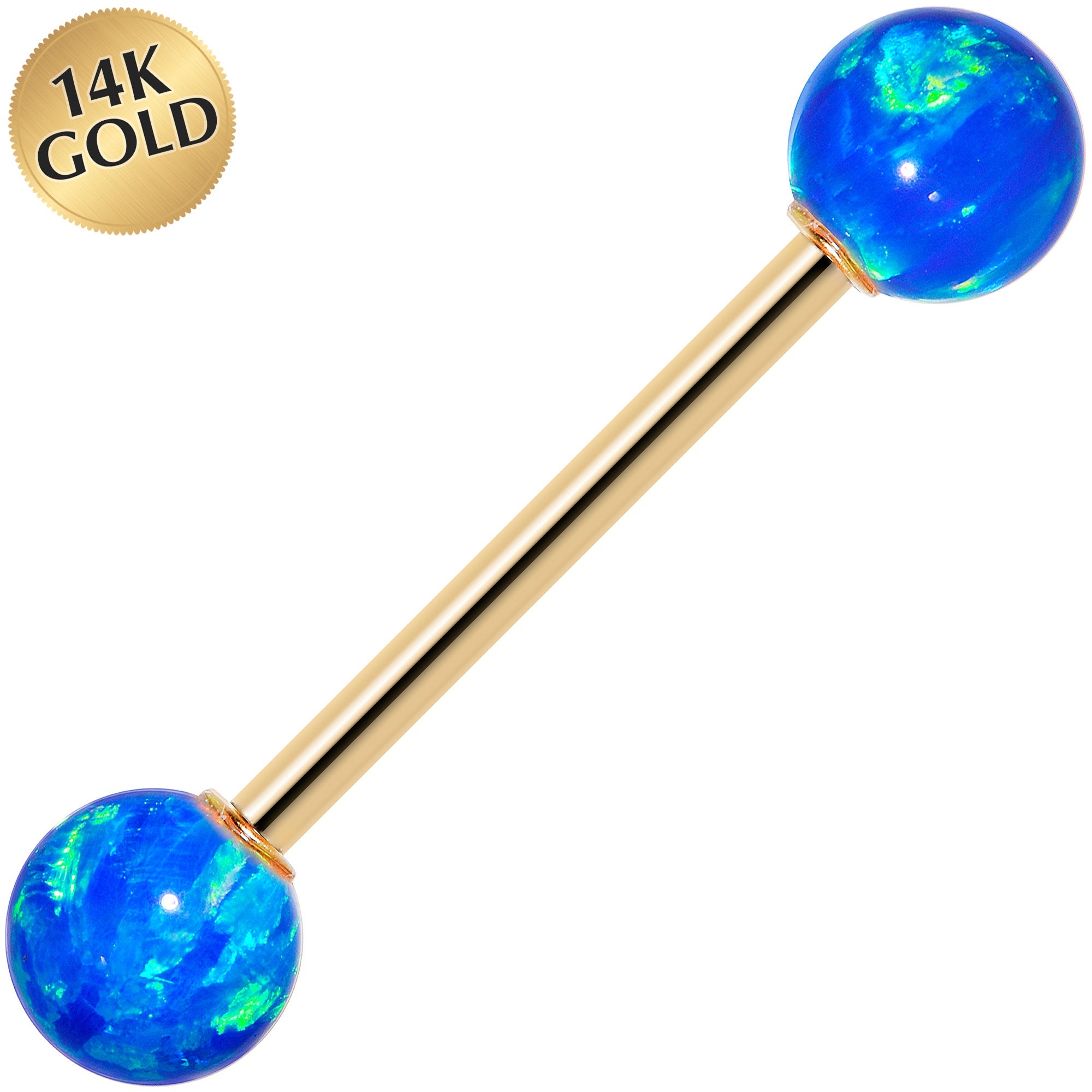 14k Yellow Gold 6mm Blue Synthetic Opal Barbell Tongue Ring 14G 5/8