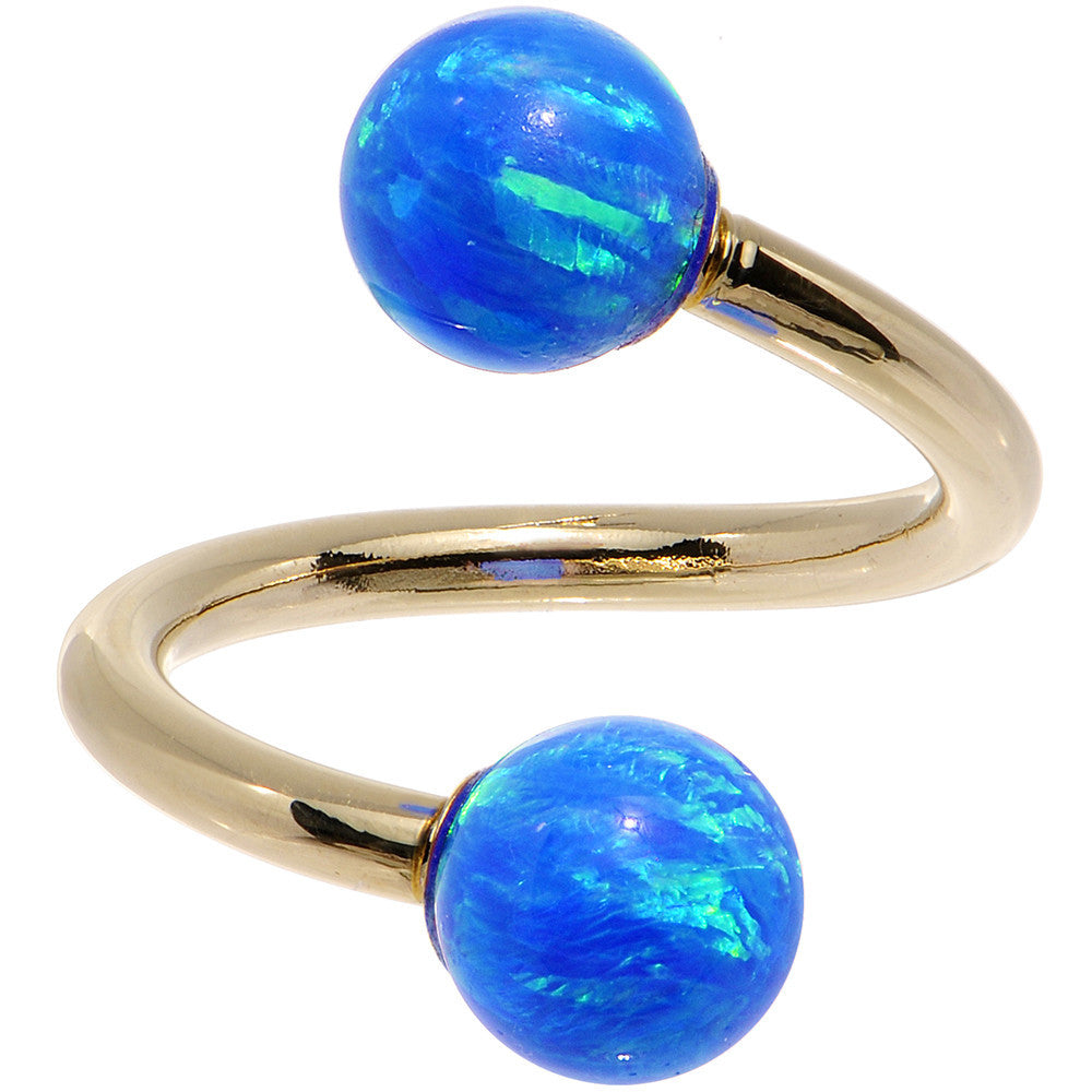 14k Yellow Gold Blue Synthetic Opal Spiral Twister 14G 7/16