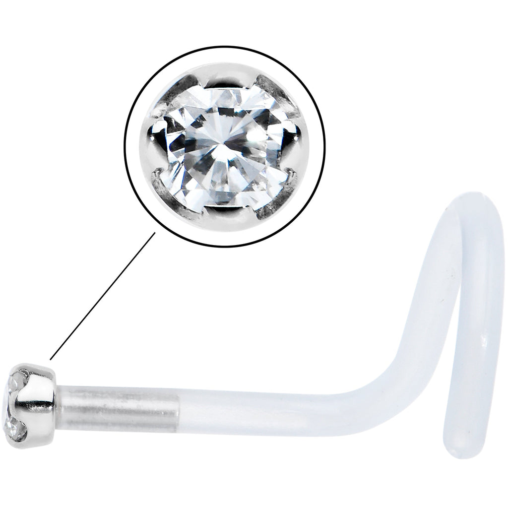 18G 14K White Gold 1.5mm Genuine Diamond Bioplast Micro Nose Ring