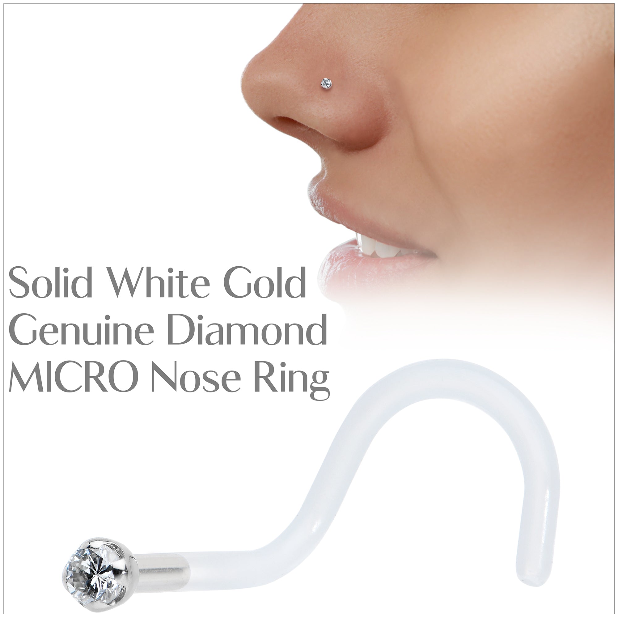 18G 14K White Gold 1.5mm Genuine Diamond Bioplast Micro Nose Ring