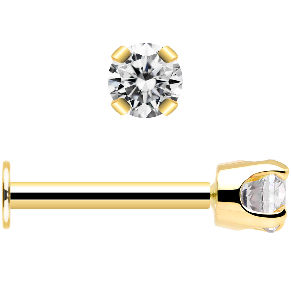 14k Yellow Gold Flat Back Earring with 3mm Cubic Zirconia Handmade
