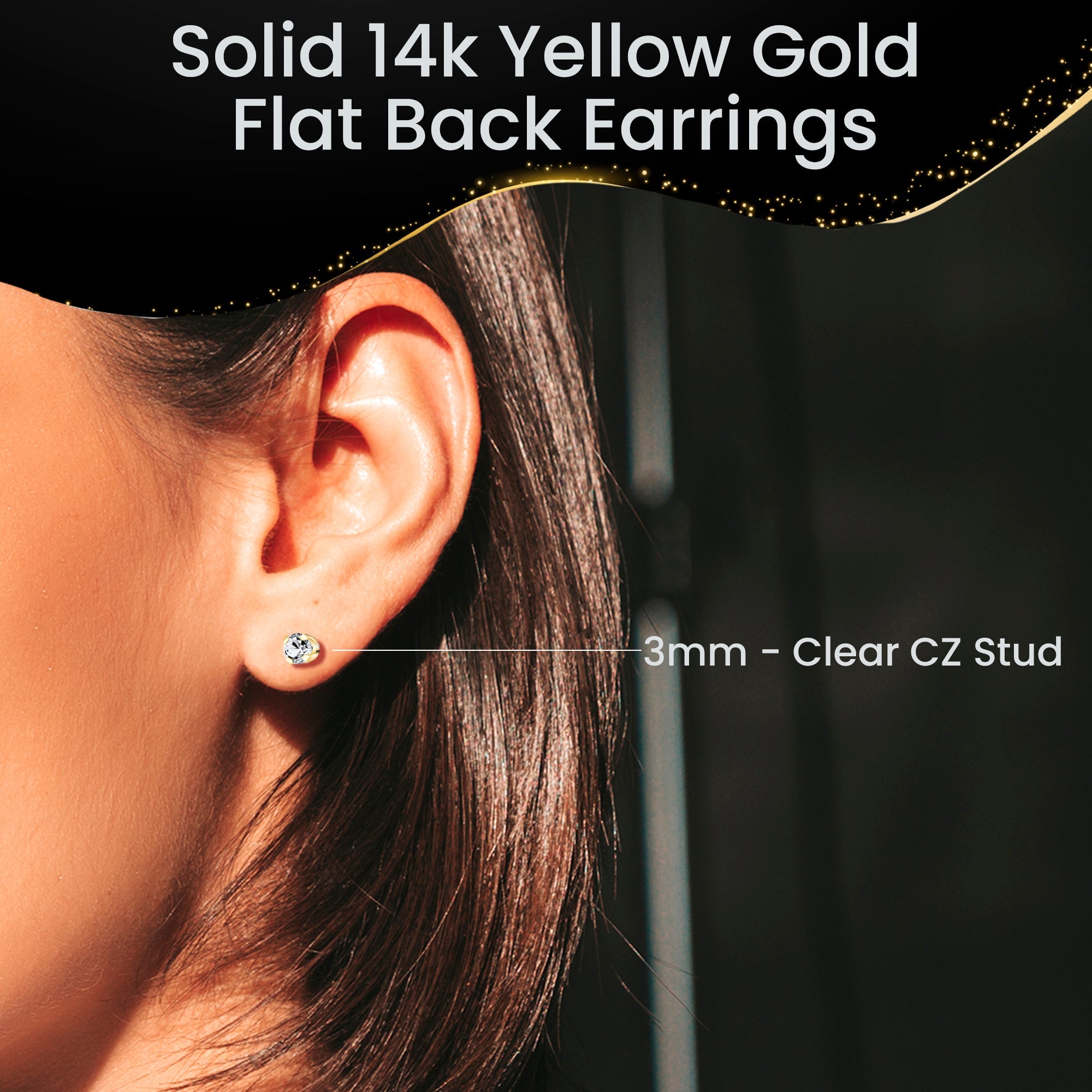 14k Yellow Gold Flat Back Earring with 3mm Cubic Zirconia Handmade