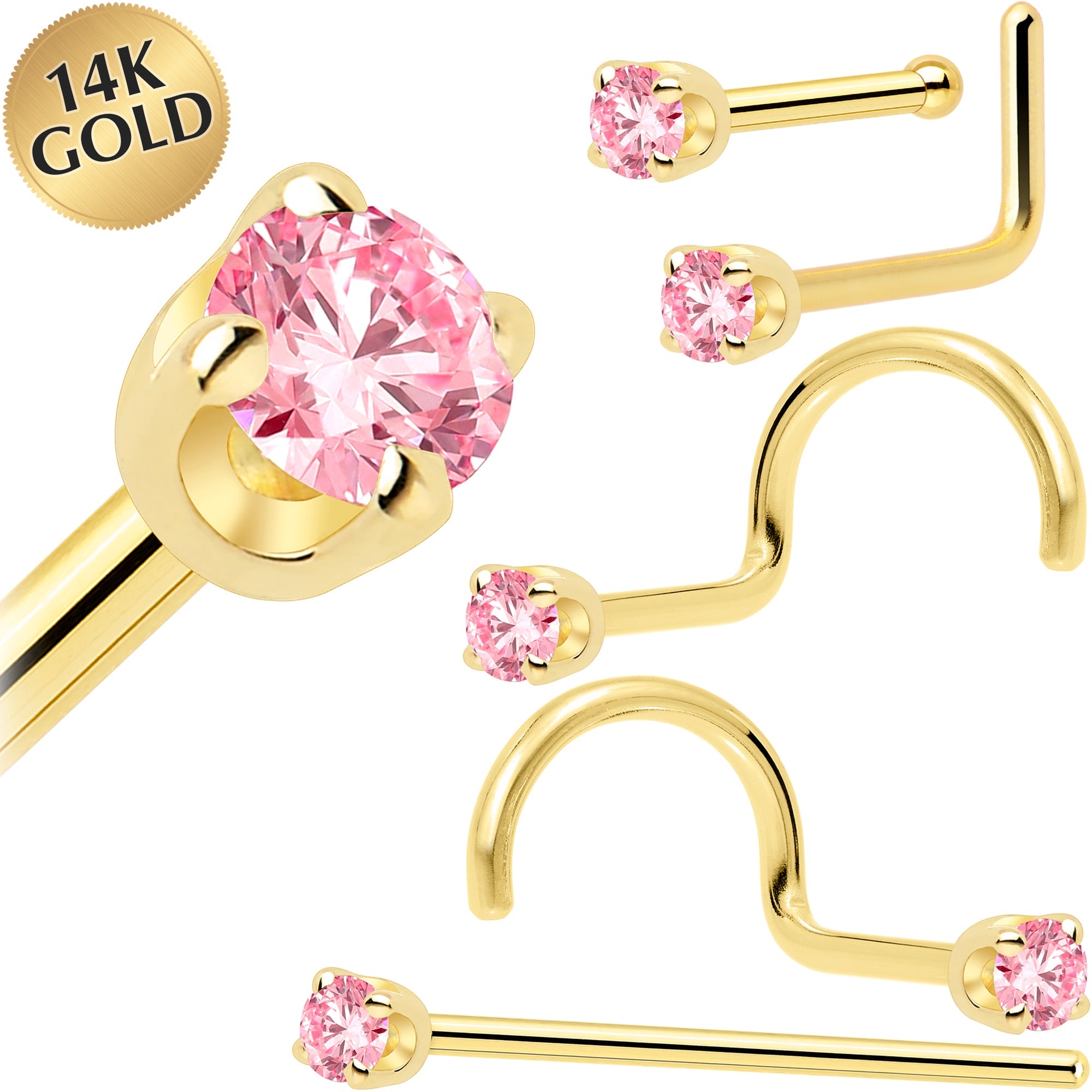 14k Yellow Gold 2mm Lab Grown Pink Diamond Nose Ring