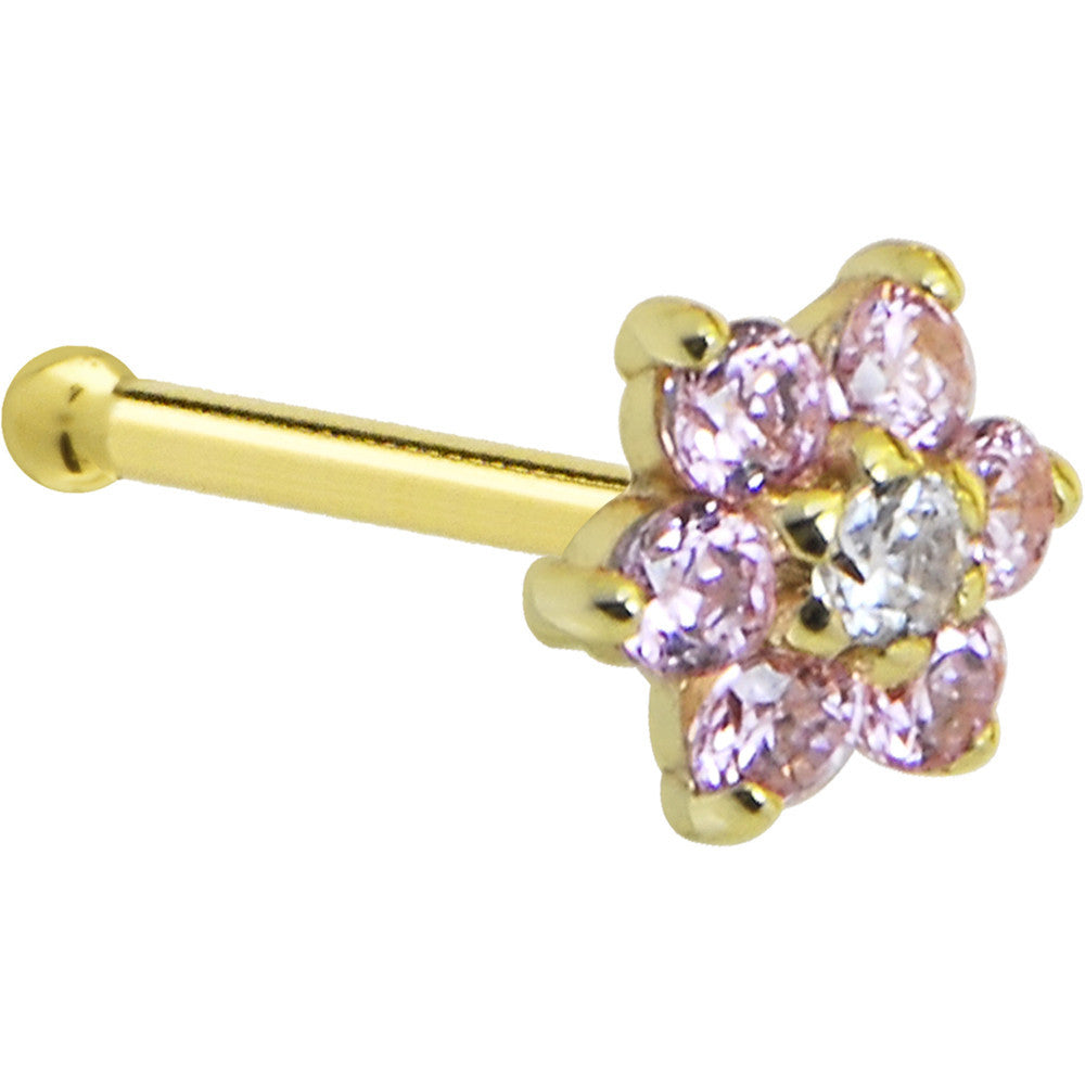 Solid 14K Yellow Gold Pink and Clear Cubic Zirconia Flower Nose Ring