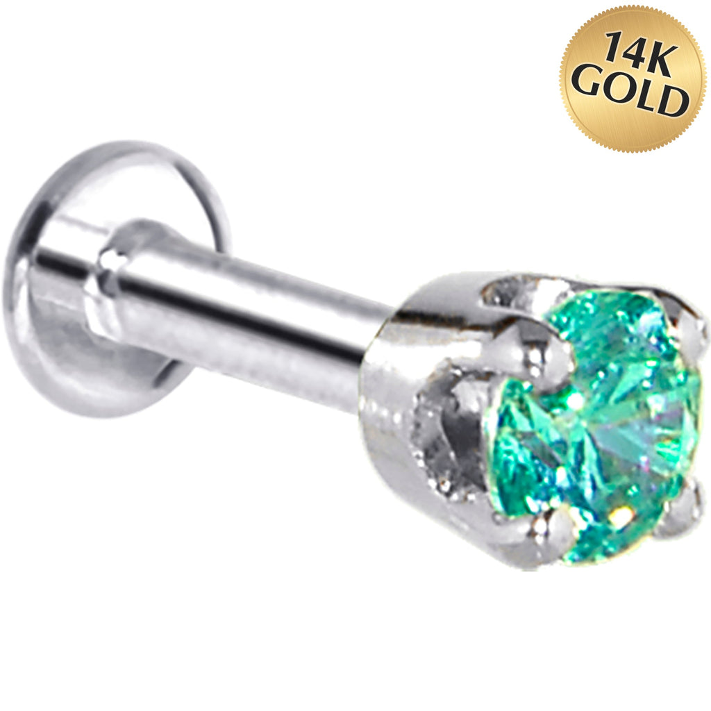 16G Solid 14K White Gold 3mm Mint Green Cubic Zirconia Tragus Earring Stud