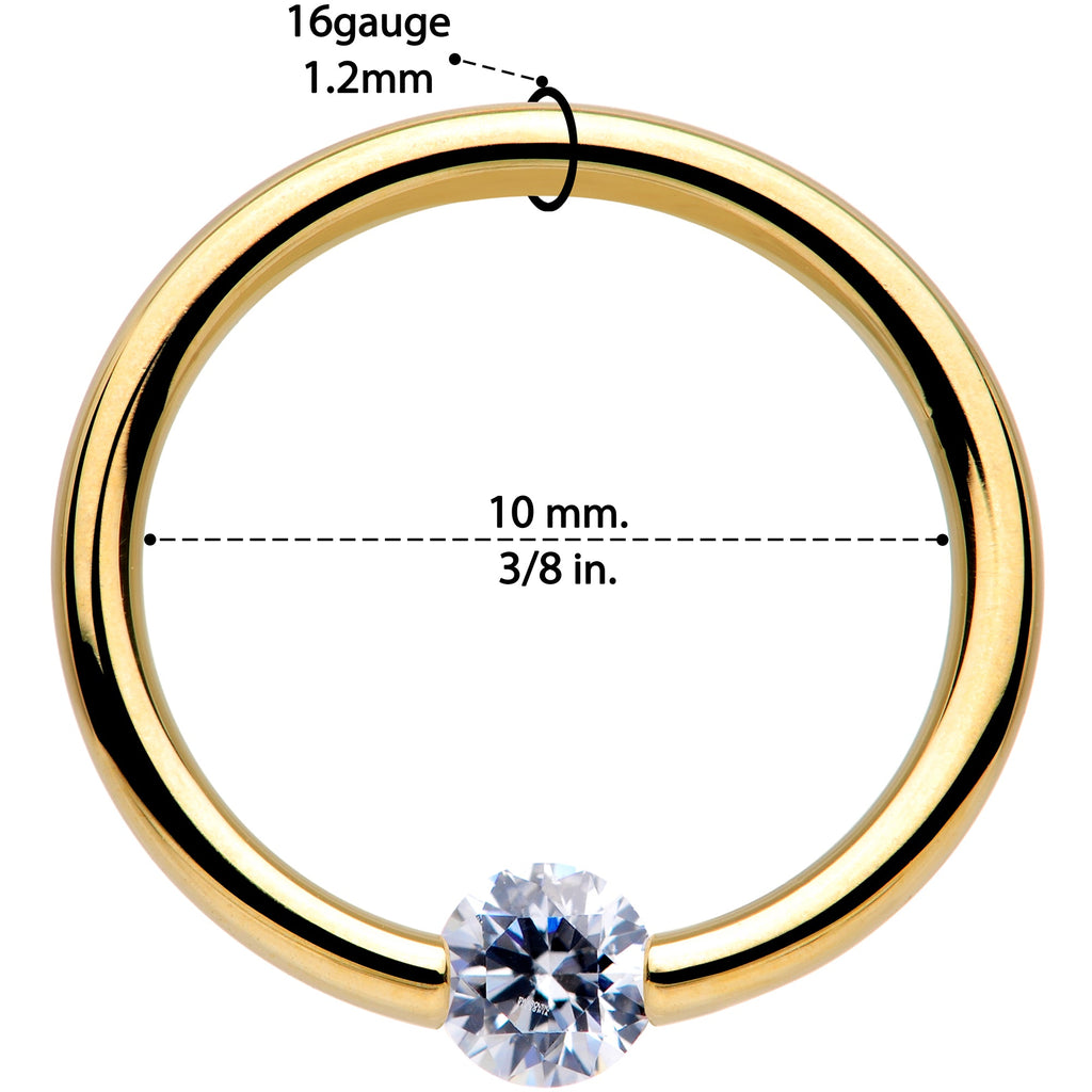 16G 3/8 Solid 14k Yellow Gold 3mm Clear Cubic Zirconia Tension Captive Ring