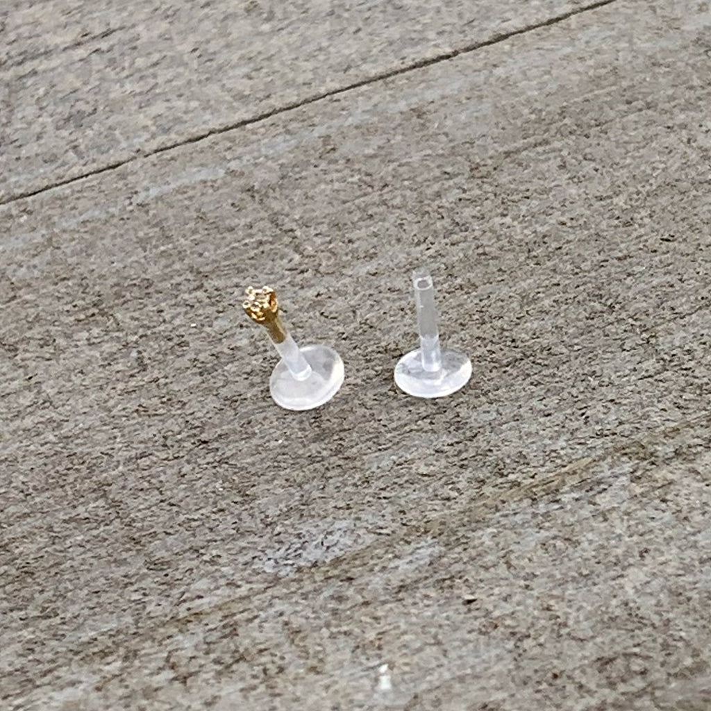 16G 1/4 Solid 14K Yellow Gold 1.5mm CZ Bioplast Push in Cartilage Earring