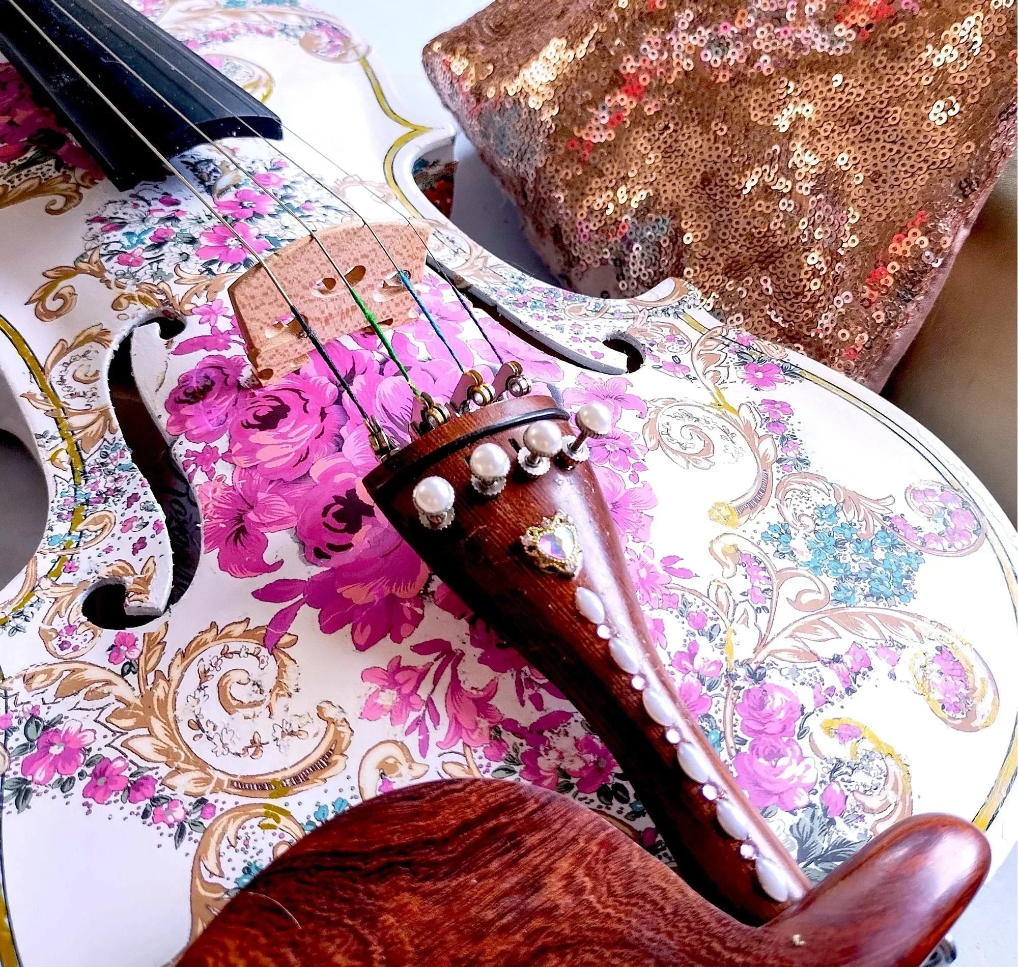 Gilded Age Violin Outfit | Crystal & Pearl Tailpiece, Carbon Fiber Bow