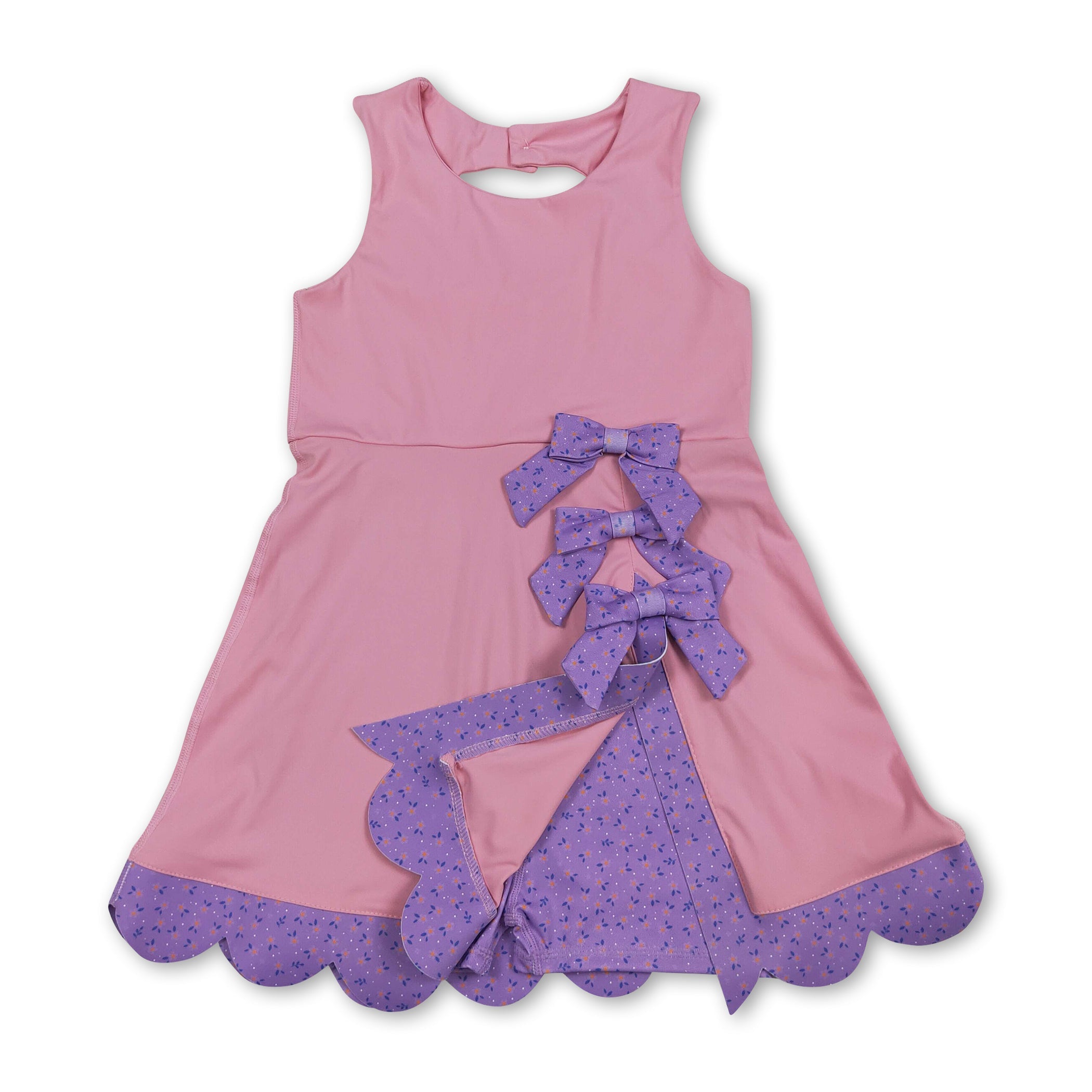 Sleeveless floral bow pink kids girls summer athletic dress