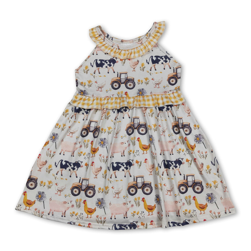 Yellow plaid ruffle farm kids girls summer dresses