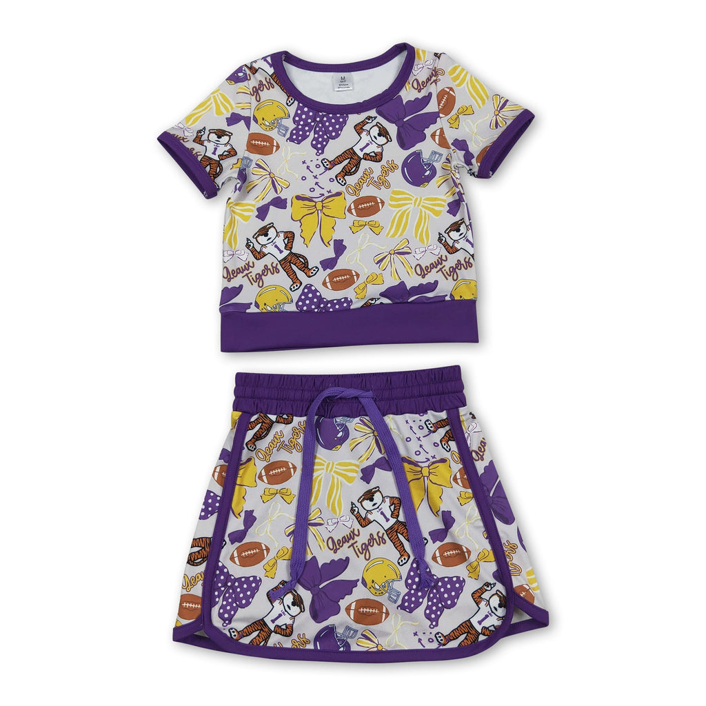 Purple bow tiger top skirt girls team active wear set