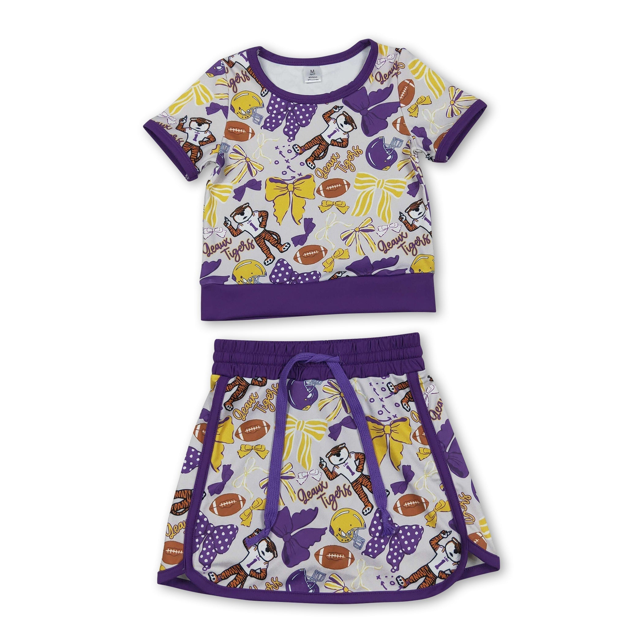 Purple bow tiger top skirt girls team active wear set