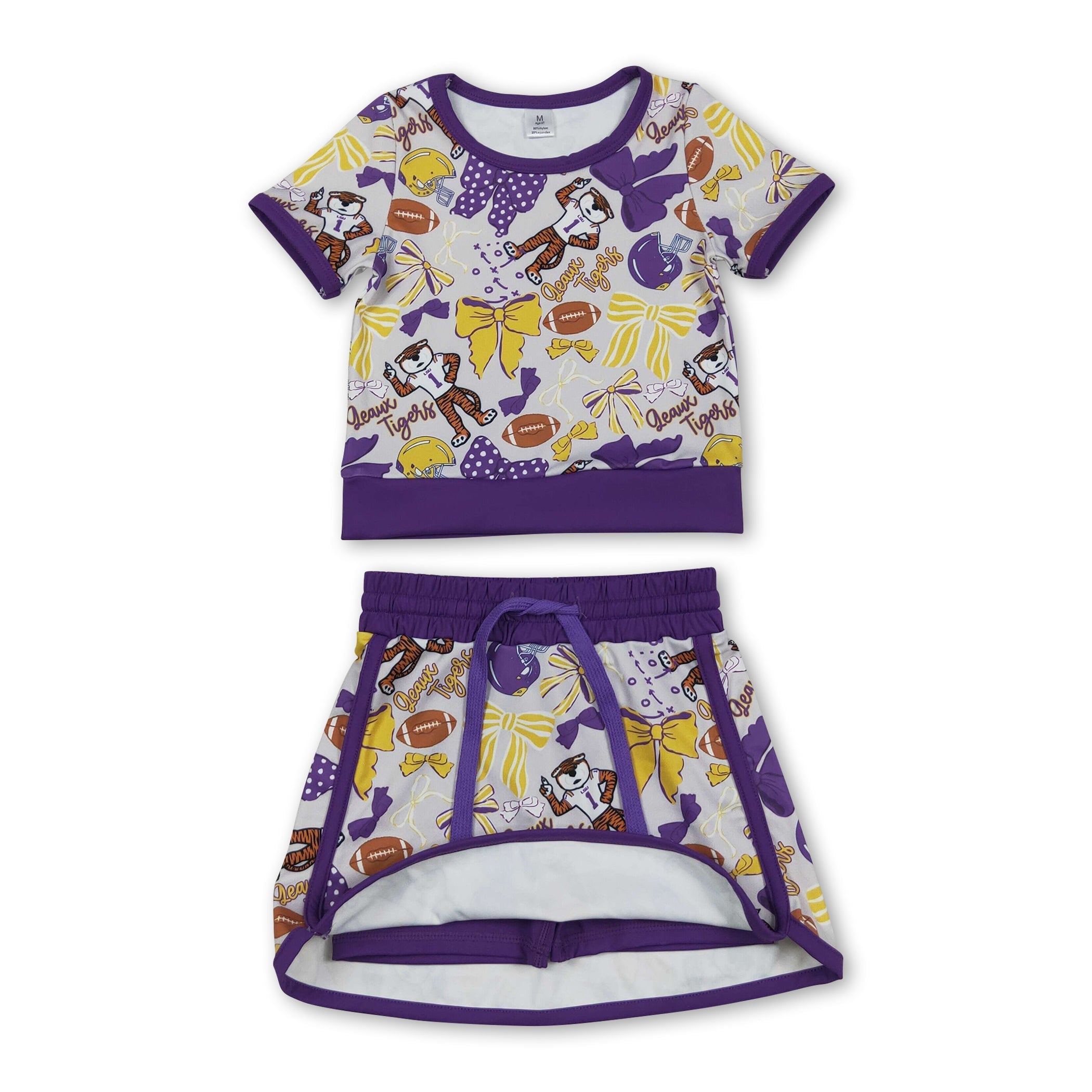 Purple bow tiger top skirt girls team active wear set