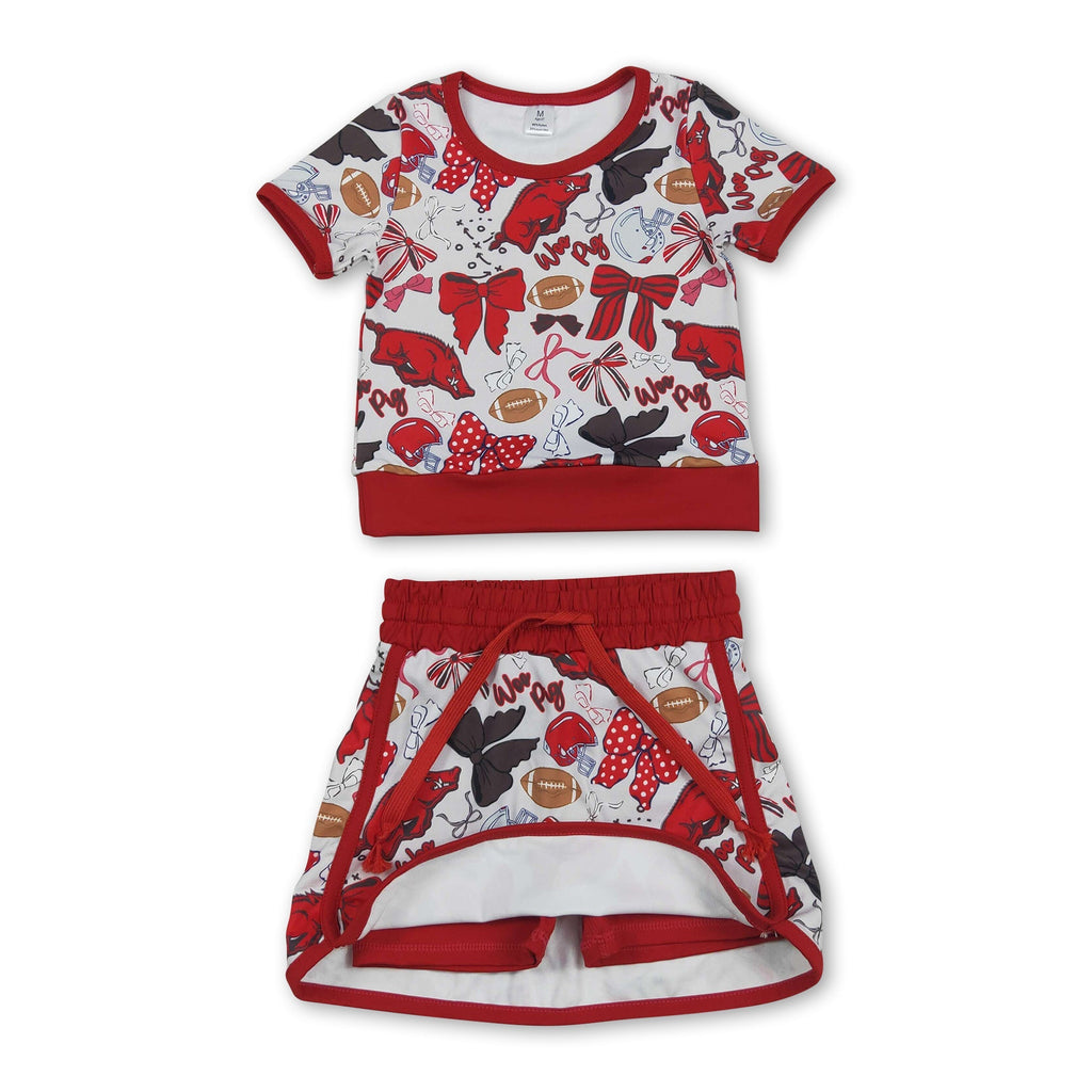 Short sleeves hogs bow top skirt girls team active wear set