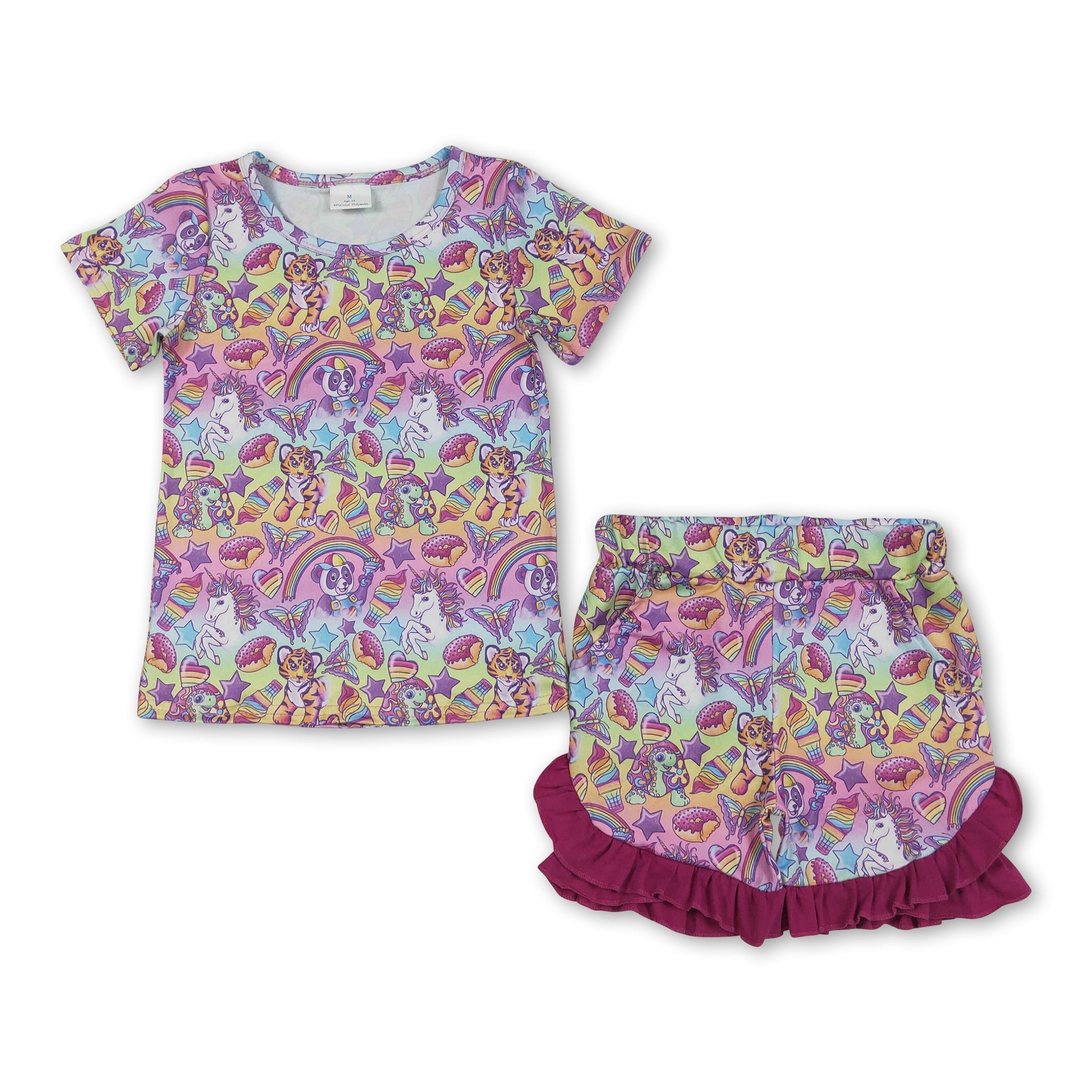 Short sleeves tiger unicorn donut kids girls summer outfits