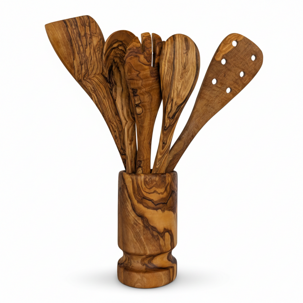 Olive Wood Kitchen Servers Set w/Holder -6 Pcs