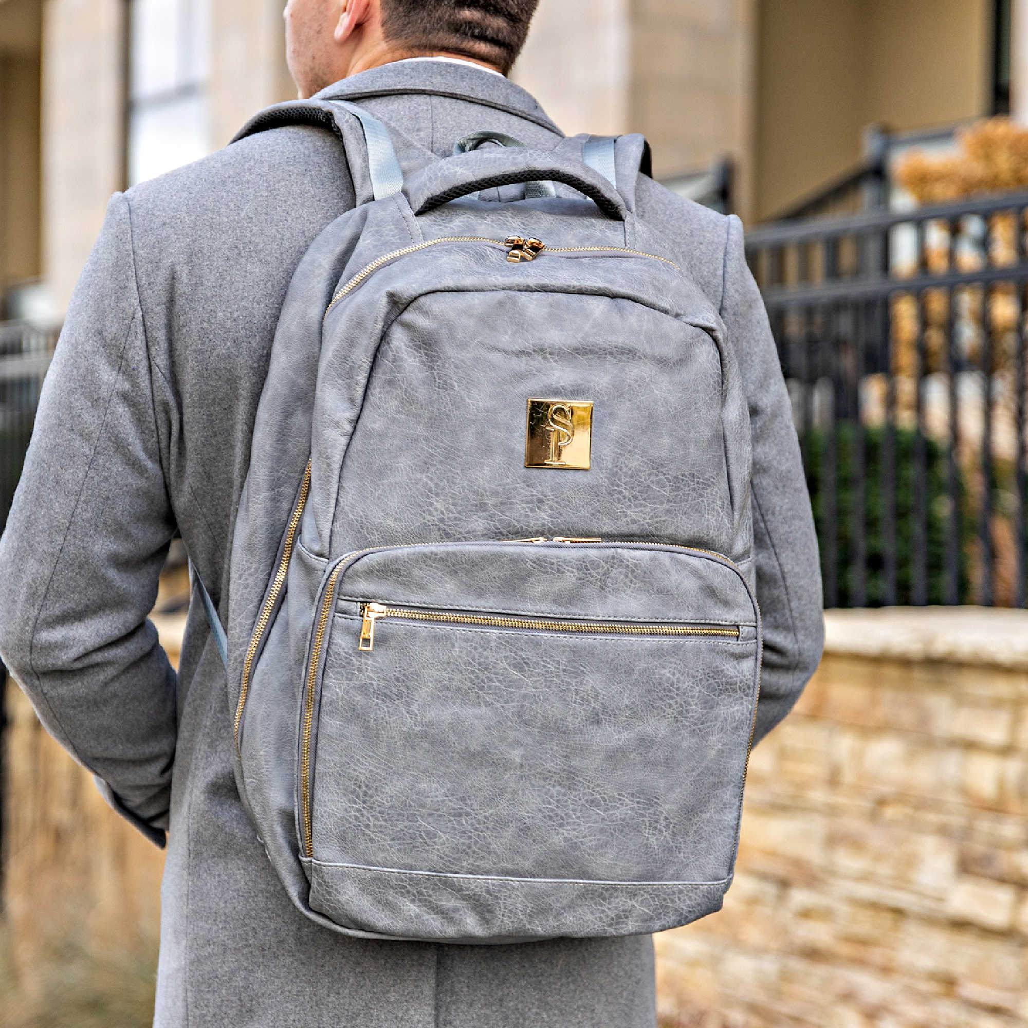 Grey Leather Commuter Bag