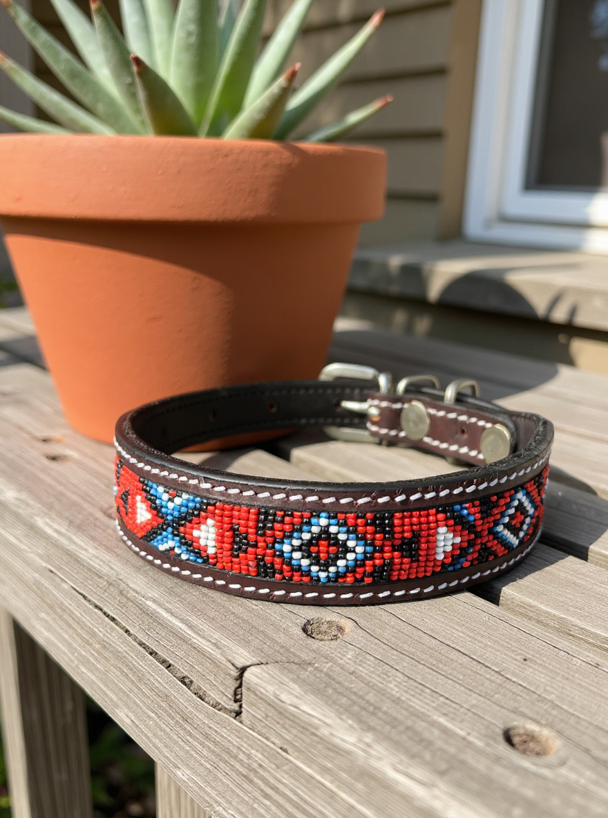 Epic Padded Leather Dog Collar with Beaded Design H