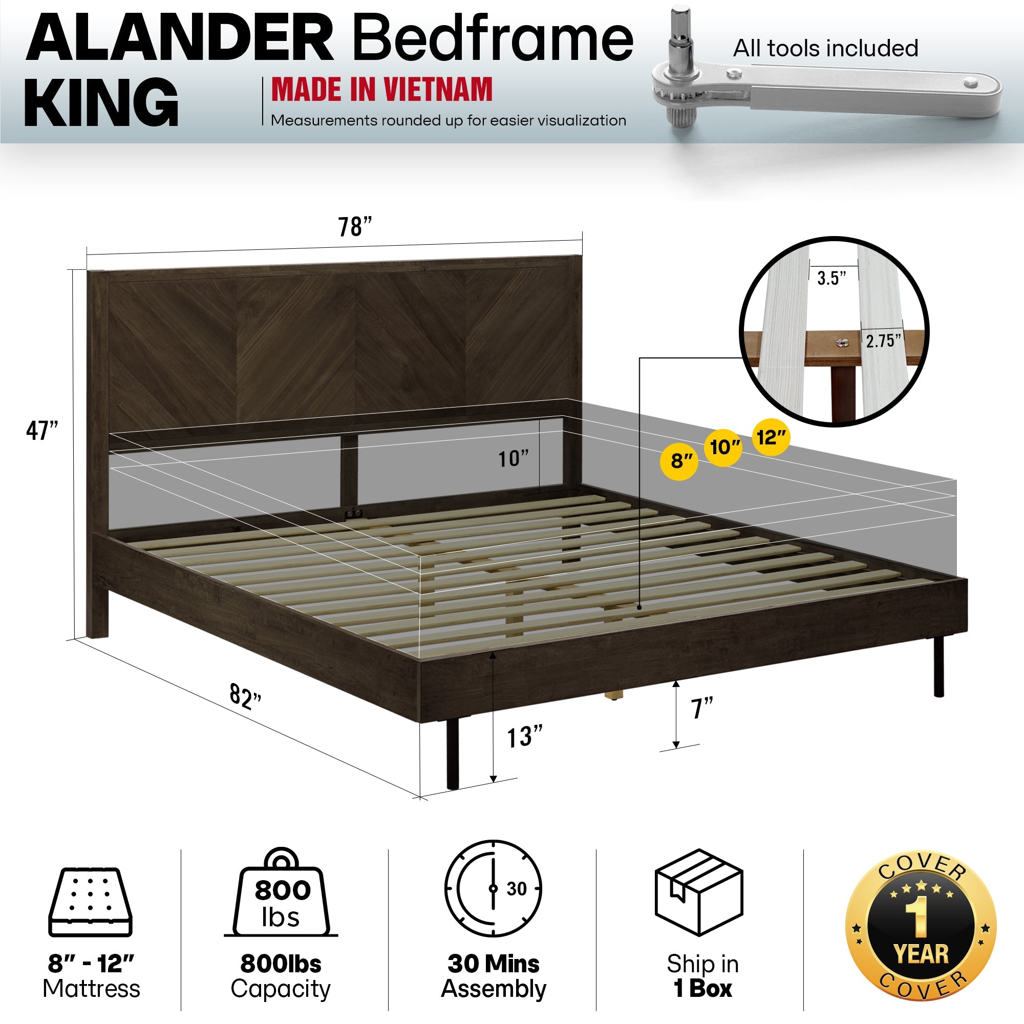 Alander Solid Wood Bed Frame