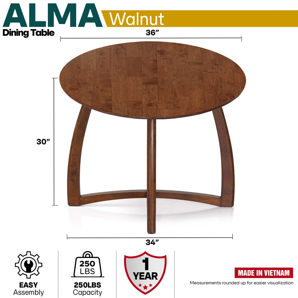 Alma 36 Inches Round Dining Table for 4, Mid-Century Modern Kitchen & Dining Room Tables