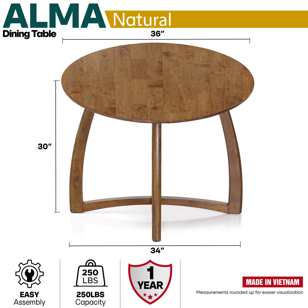 Alma 36 Inches Round Dining Table for 4, Mid-Century Modern Kitchen & Dining Room Tables