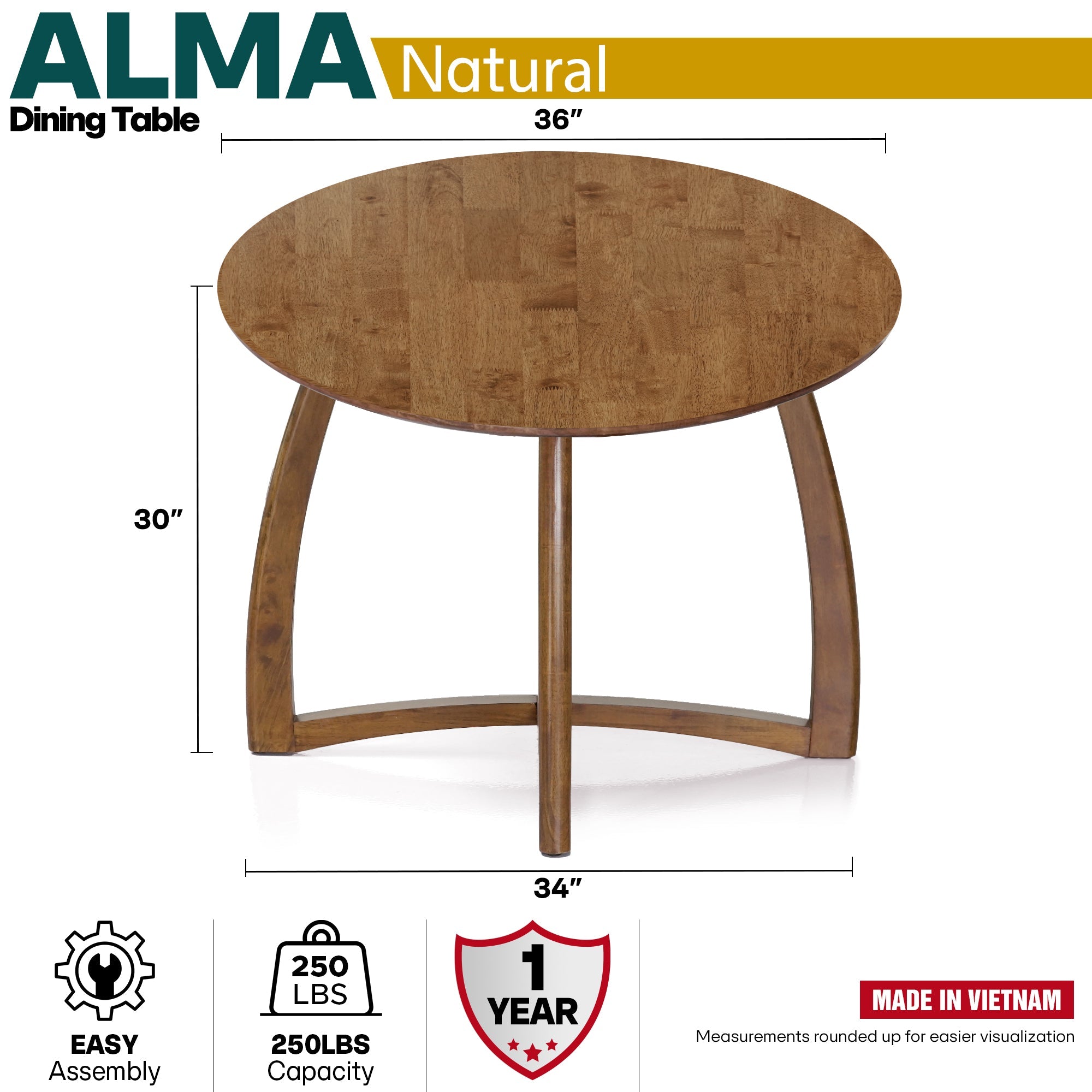 Alma 36 Inches Round Dining Table for 4, Mid-Century Modern Kitchen & Dining Room Tables