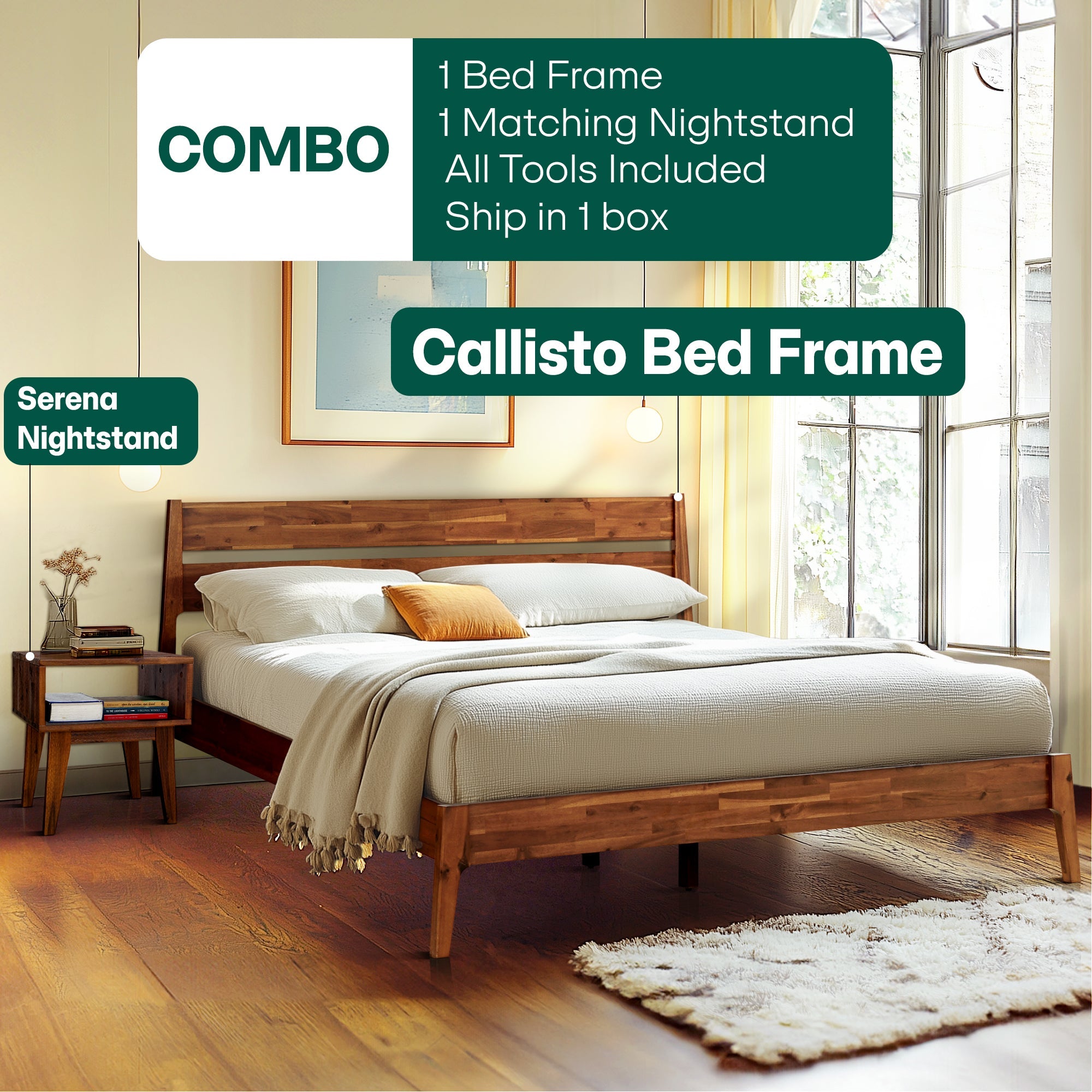 [Buy 1 Get 1] Callisto Solid Wood Bed Frame and Nightstand