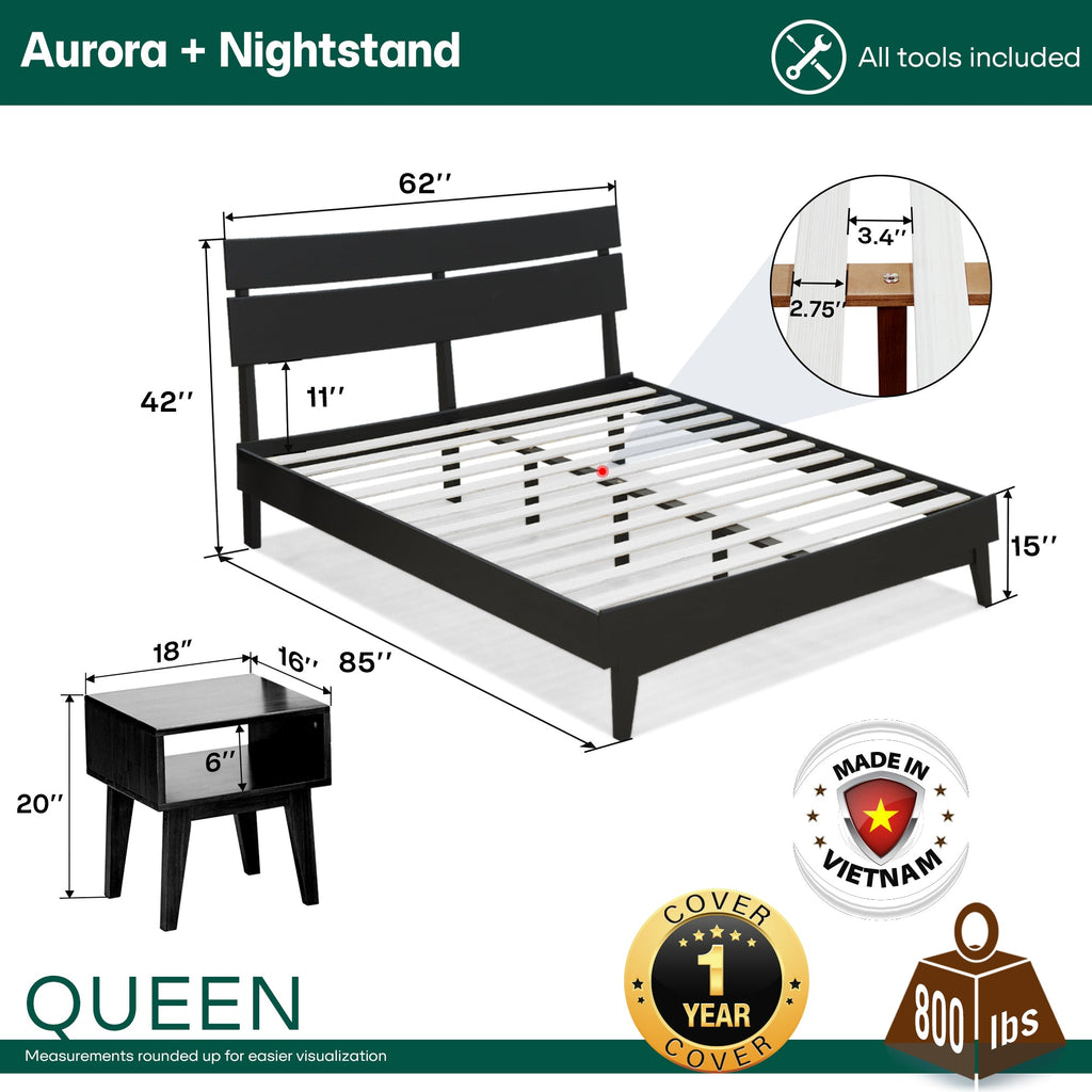 [Buy 1 Get 1] Aurora Solid Wood Bed Frame & Nightstand