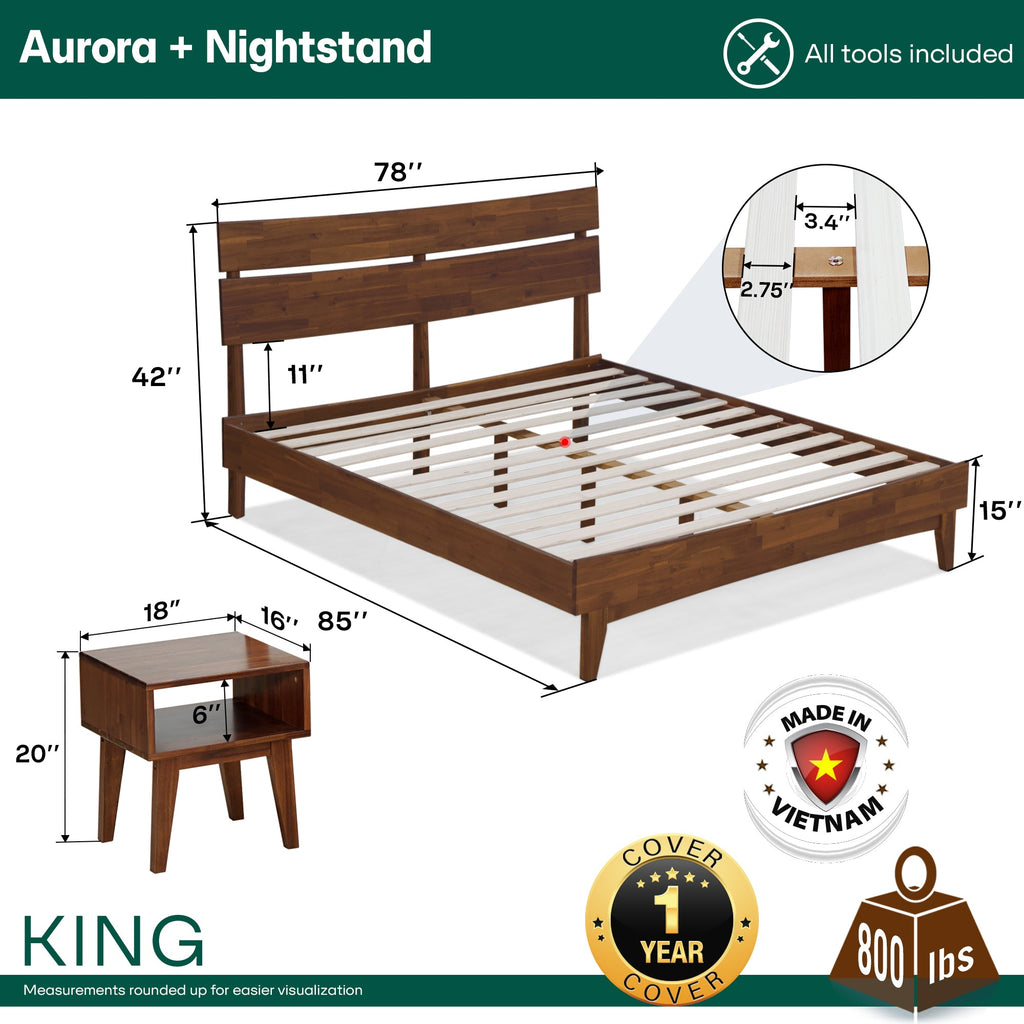[Buy 1 Get 1] Aurora Solid Wood Bed Frame & Nightstand