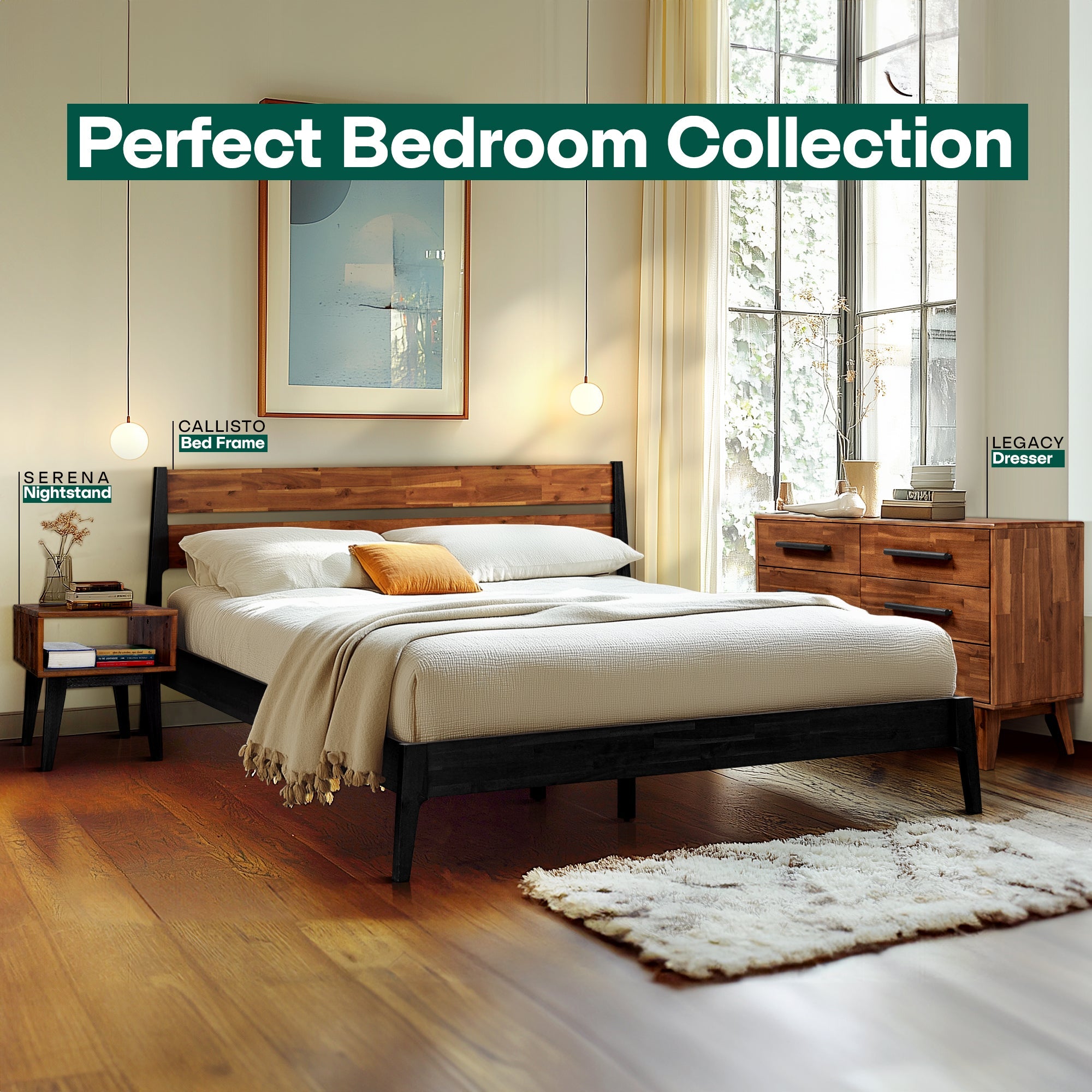 [Buy 1 Get 1] Callisto Solid Wood Bed Frame and Nightstand
