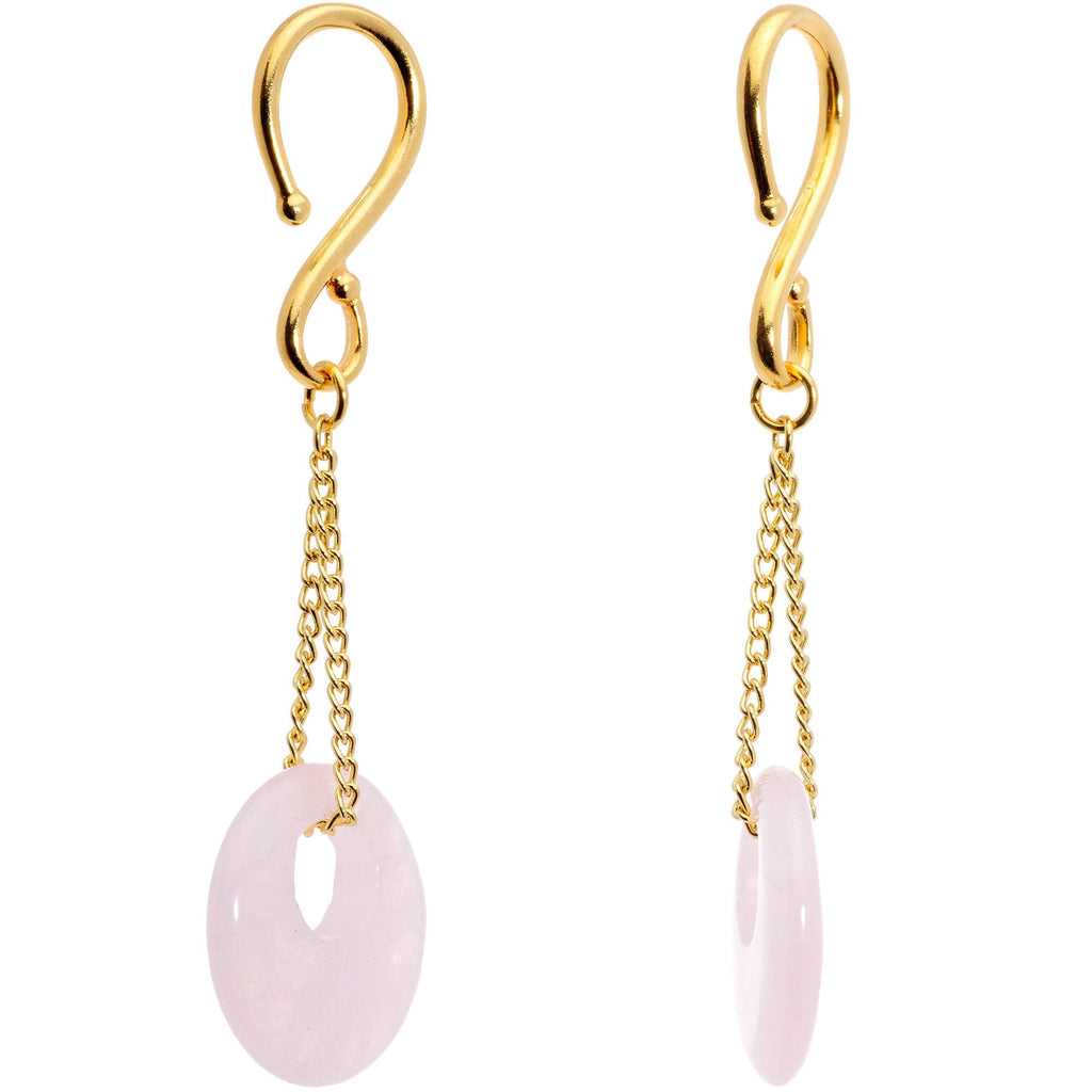 Handcrafted Gold Tone Pink Rose Flower Quartz Donut Chain Ear Weights