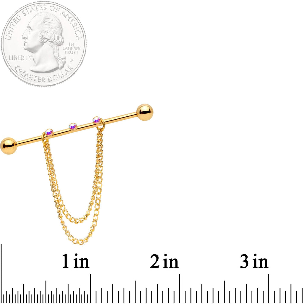 14G Handmade Aurora Gem Gold Tone Chain Dangle Industrial Barbell
