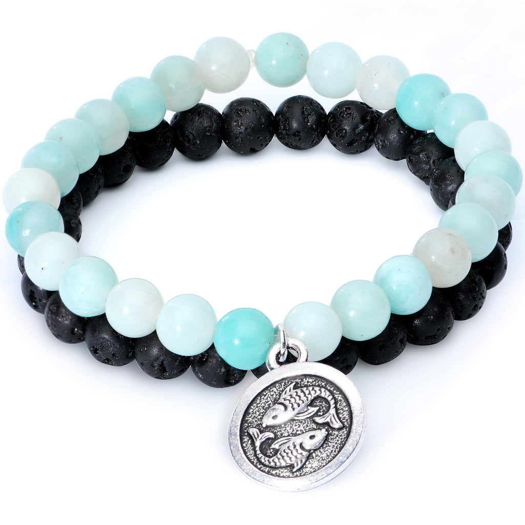 Handmade Lava Stone Amazonite Pisces Zodiac Bracelet Set of 2